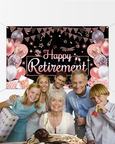 Happy Retirement Banner for Women (Rose Gold, 70.8x43.3 inch)