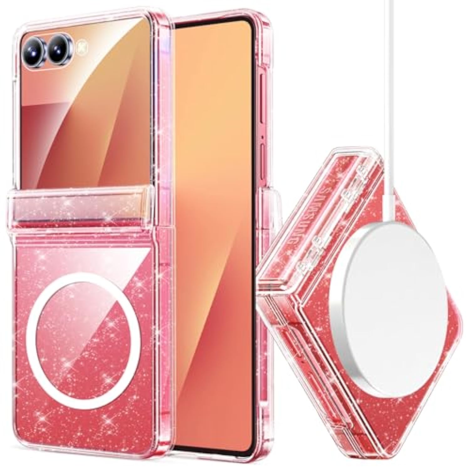 Miimall for Samsung Flip 7 Case Clear Glitter Sparkly Shiny Bling Sparkle [Compatible with MagSafe] Hinge Protection Transparent Hard Shockproof Cover for Z Flip 7 Cases Clear Magsafe, Clear Shimmer