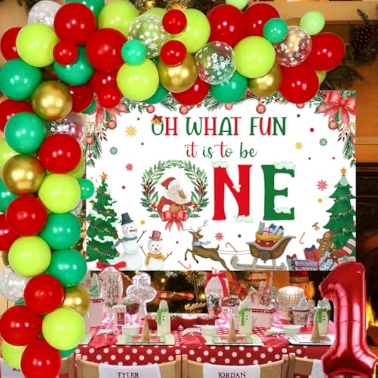 Christmas First Birthday Party Decorations, Xmas Balloon Garland Arch Kit With Oh What Fun It Is To Be One Backdrop For Boys Or Girls Winter Holiday 1St Birthday Party Supplies