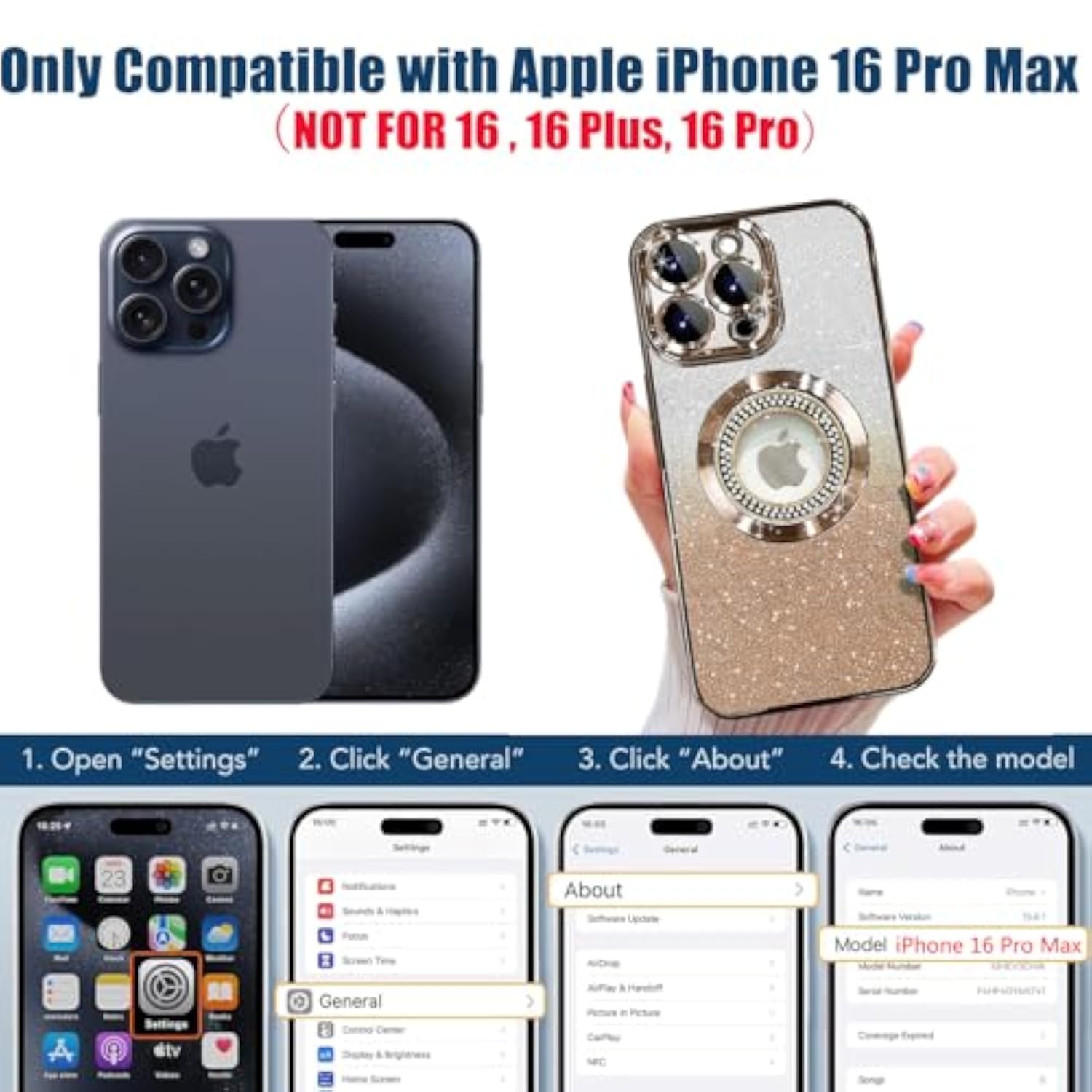 iPhone 16 Pro Max Magnetic Glitter Case Compatible with MagSafe, Full Protection Slim Shockproof Anti-Scratch Case with Camera Lens Protector and Dust-Proof Net for Women Gold