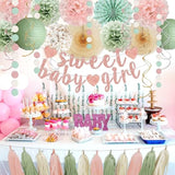 Sage Green And Blush Pink Baby Shower Decorations - Sweet Baby Girl Banner, Olive Green Lanterns, Streamers, Tissue Pom Poms, Paper Fans, Pink Beige Boho Paper Tassel, Rustic Backdrop Decor