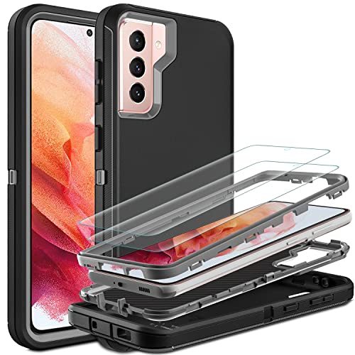 For Galaxy S21 Case, S21 Case With Self Healing Flexible Tpu Screen Protector [2 Pack], 3 In 1 Heavy Duty Protection Case For Galaxy S21 5G (Black/Grey)