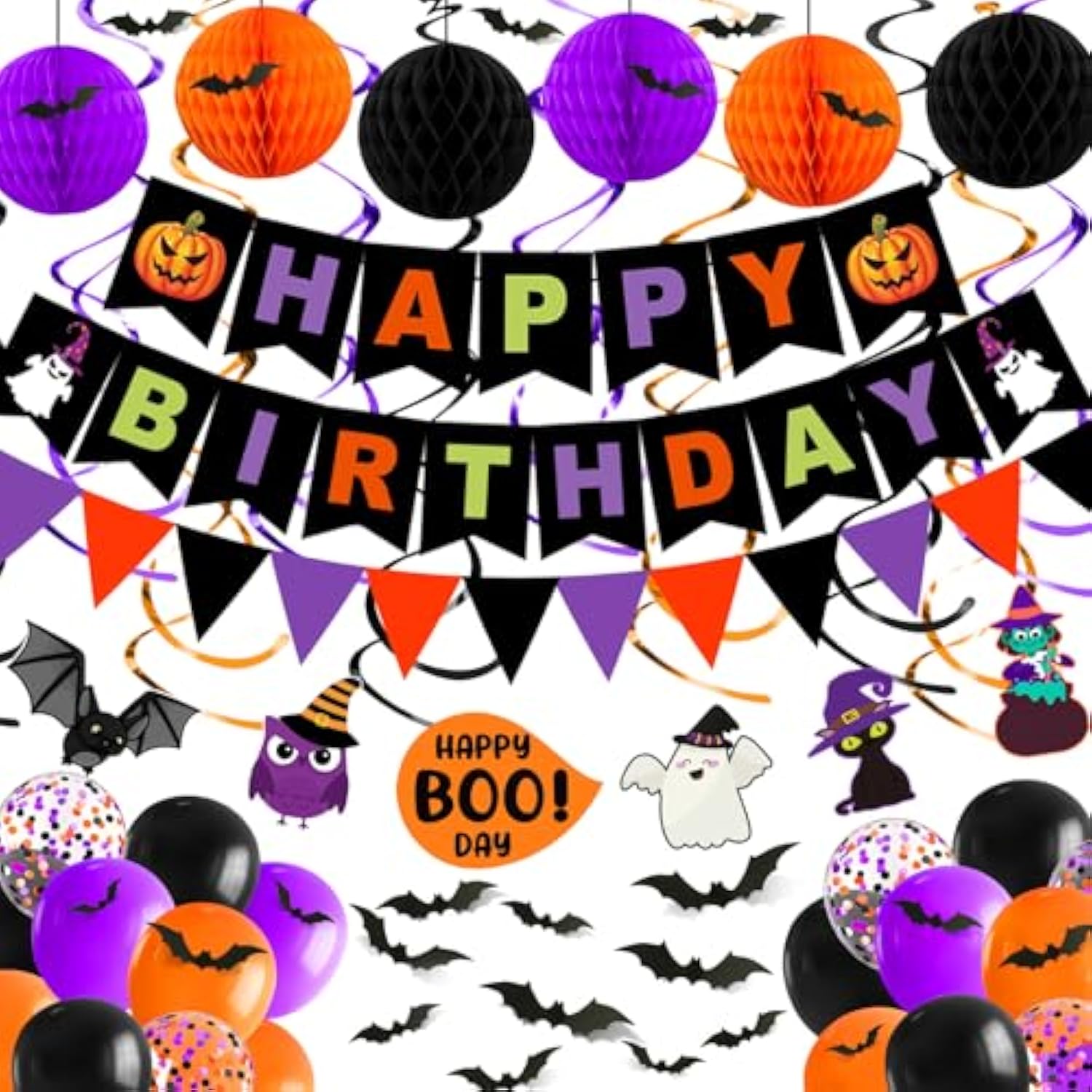 Halloween Birthday Party Decoration Set 70PCS Banner Bat Stickers Purple Orange Black Balloons