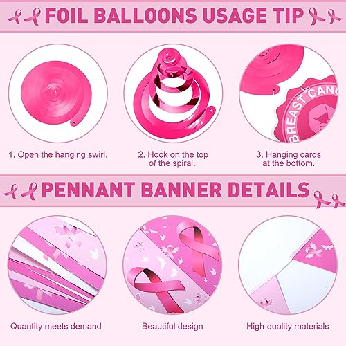 101 Pcs Breast Cancer Awareness Decoration Pink Ribbon Hanging Swirl
