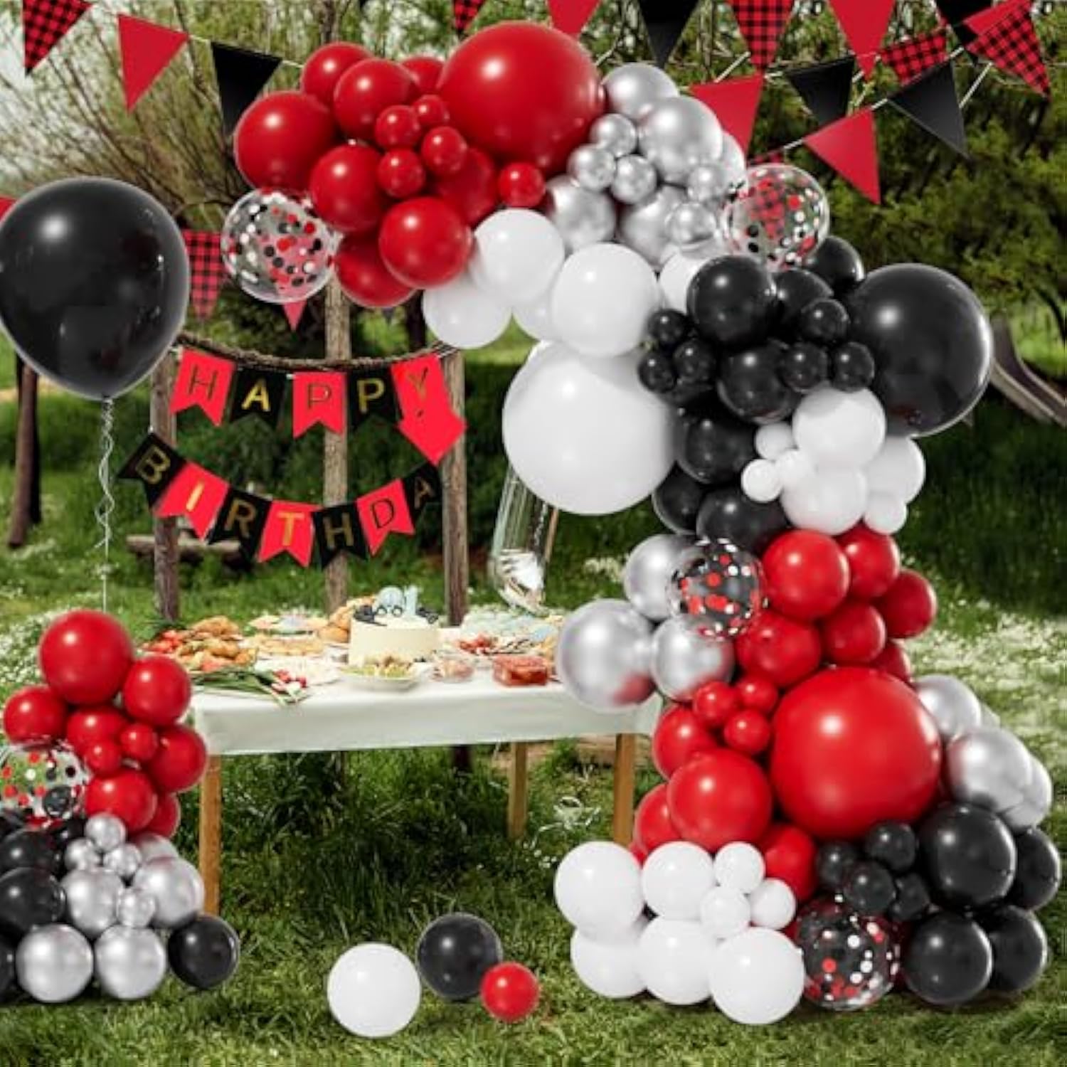 155Pcs Red Black And White Balloon Garland Arch Kit, Different Size Red Black White Silver Confetti Balloons For Shower Birthday New Year Graduation Wedding Racing Car Poker Party Decorations