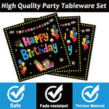 96PCS Colorful Black Birthday Tableware Set for 24 Guests, Plates, Napkins & Forks