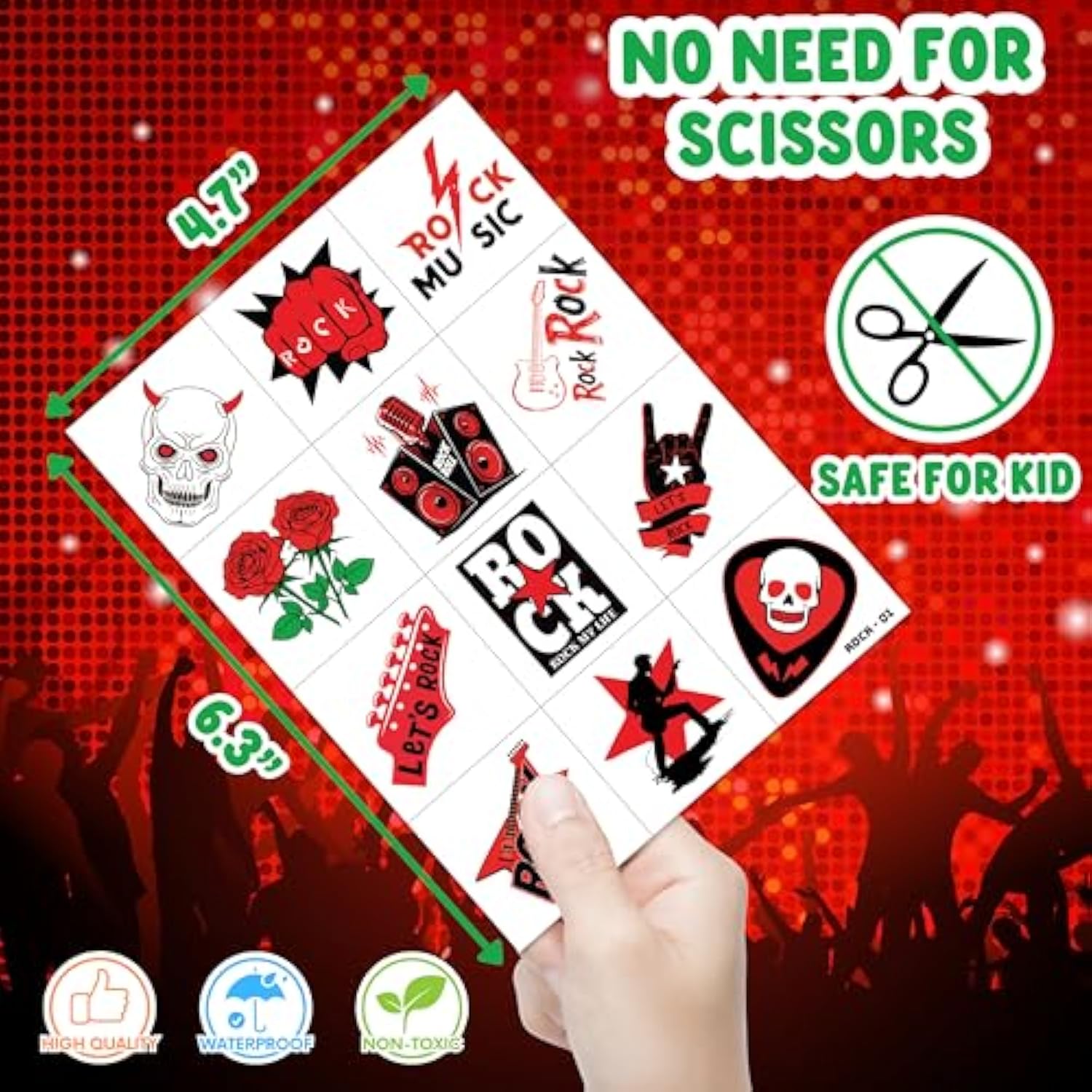 96 Pcs Born To Rock And Roll Pre-Cut Temporary Tattoos For Kids | Super Cute Themed Birthday Party Favors, Supplies, Decorations, Music Fake Tattoo Stickers (Multiple)