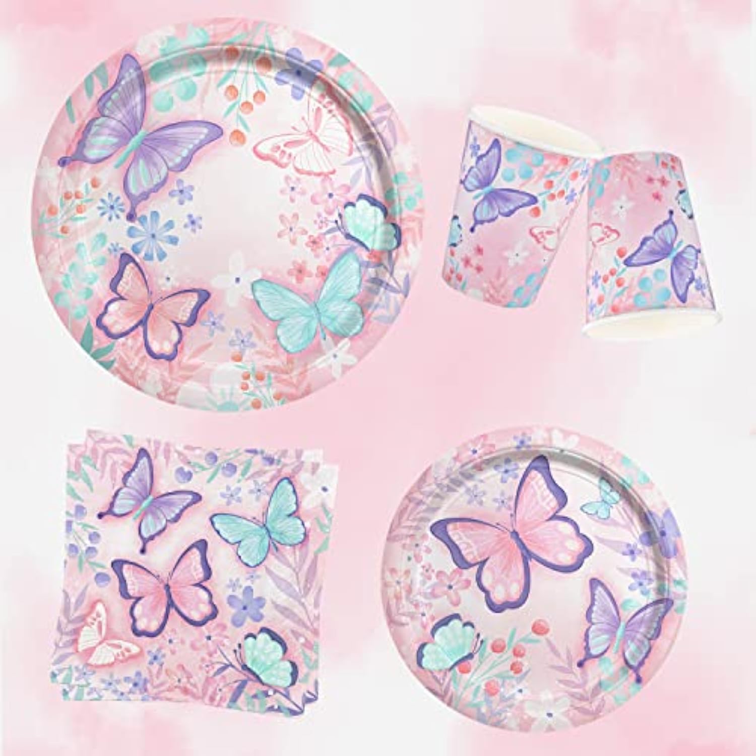 Butterfly Birthday Party Supplies Disposable Paper Plates Napkins Cups Tablecloth And Banner For Butterfly Girl Party Birthday Decorations, Serve 25