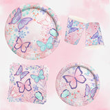 Butterfly Birthday Party Supplies Disposable Paper Plates Napkins Cups Tablecloth And Banner For Butterfly Girl Party Birthday Decorations, Serve 25