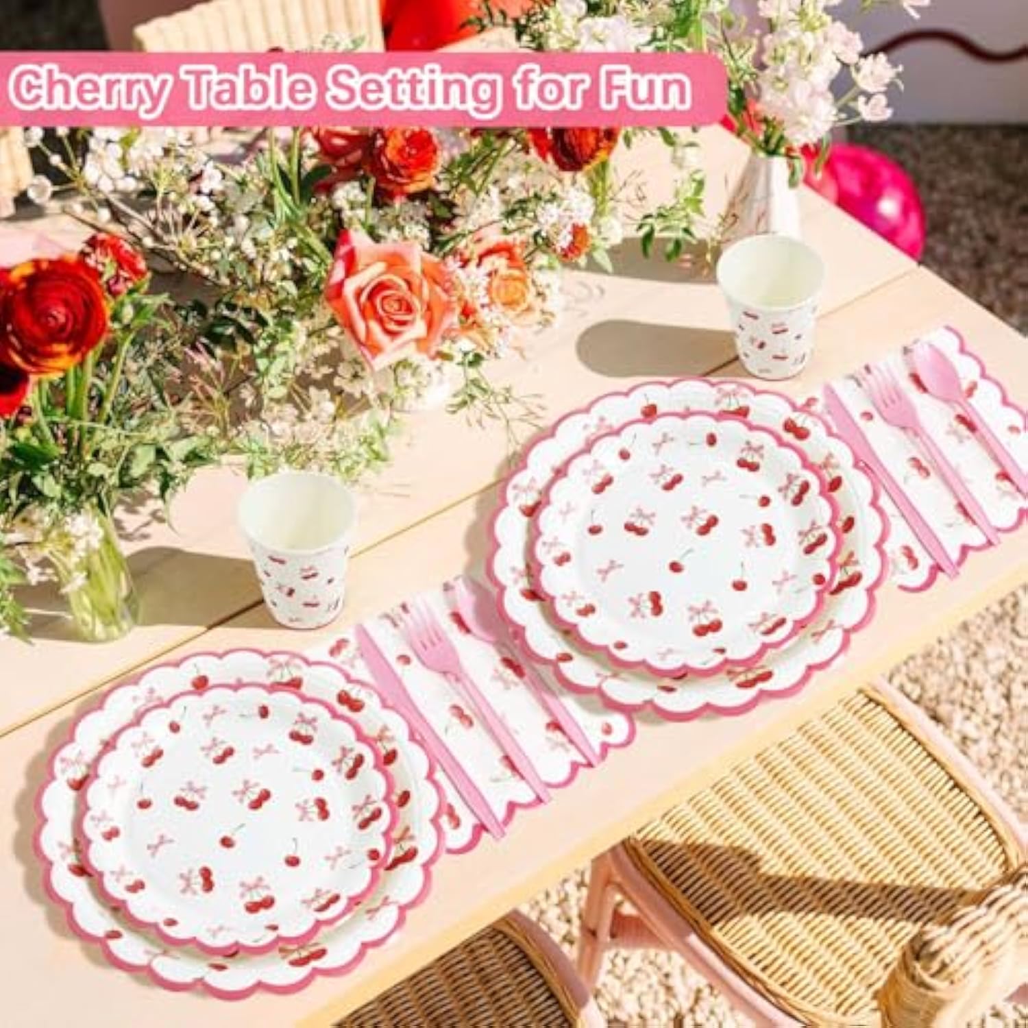 175Pcs She'S The Cherry On Top Decorations Plates Set, Cherry On Top Baby Shower Decorations Paper Plates Napkins Cups Cutlery For 25 Guests
