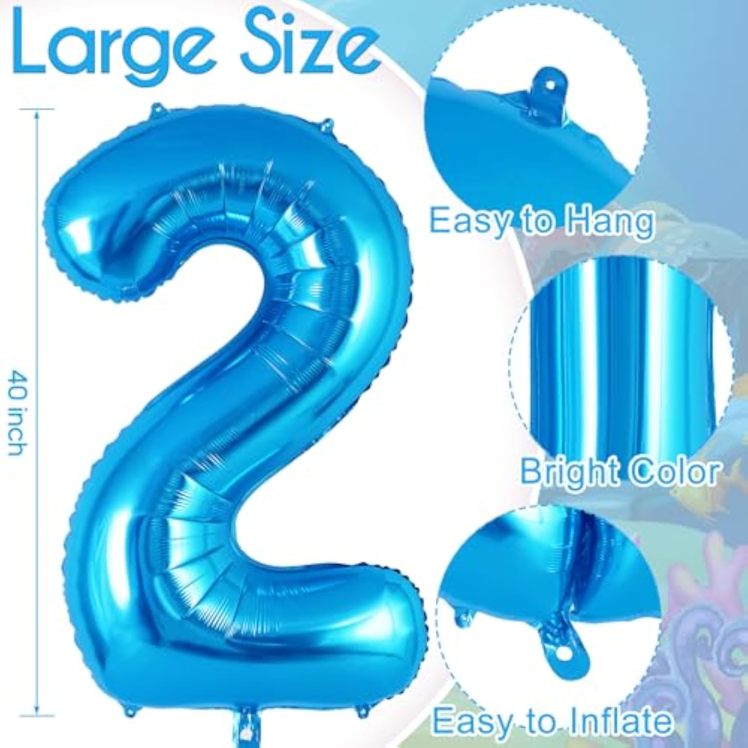 40" Blue Number 2 Balloon with Mini Ocean Balloons Under the Sea Birthday Decor