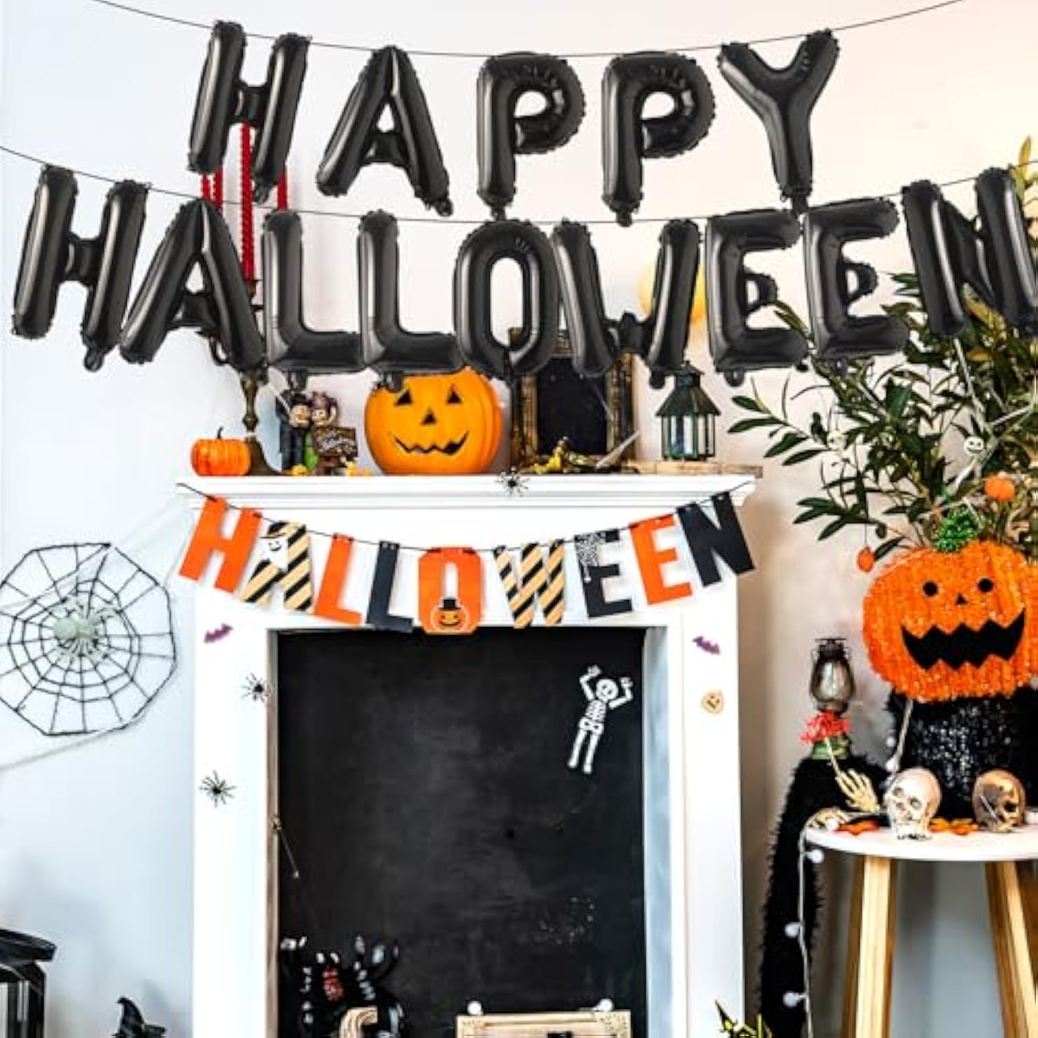 Black "HAPPY HALLOWEEN" Balloon Banner: 16" Mylar Foil Party Decor