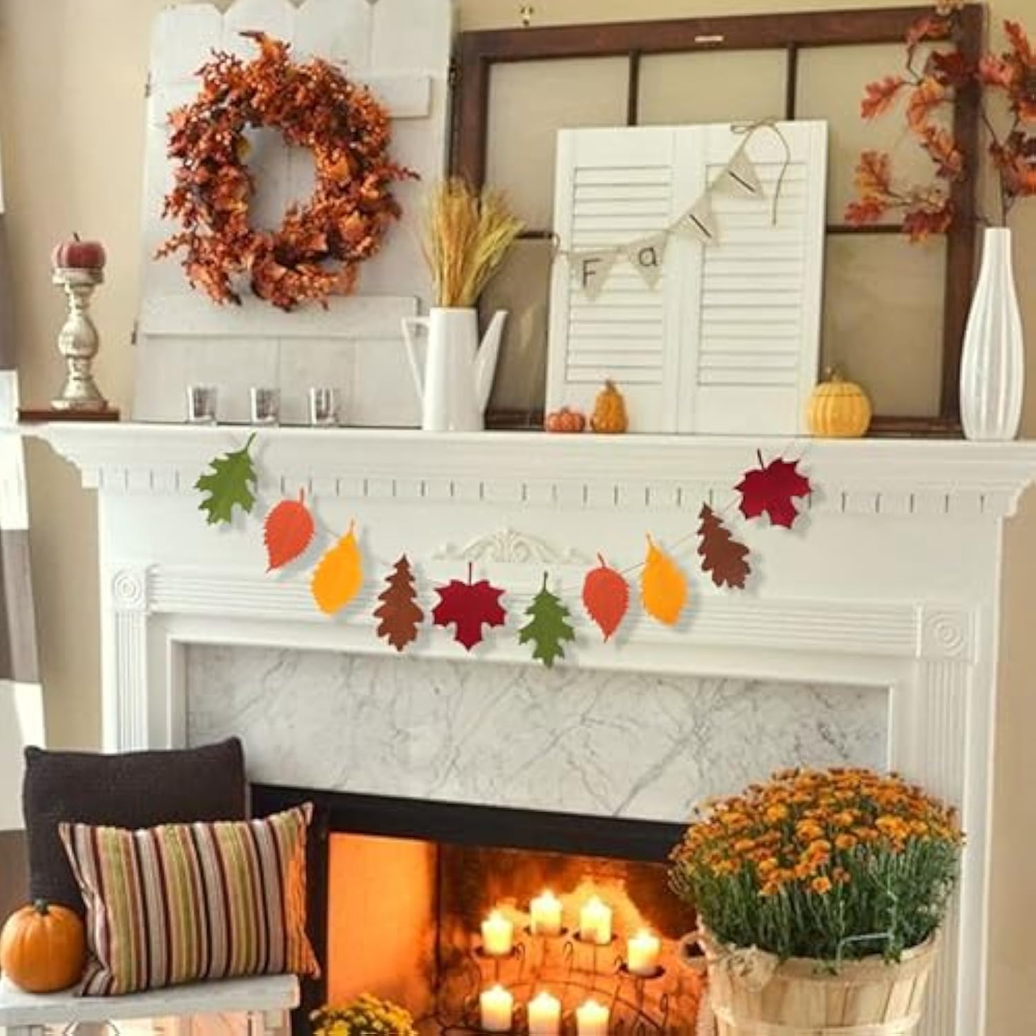 Felt Fall Leaf Garland - Double Layers Felt Leaves Banner, Fall Decorations For Mantle, Thanksgiving Decorations