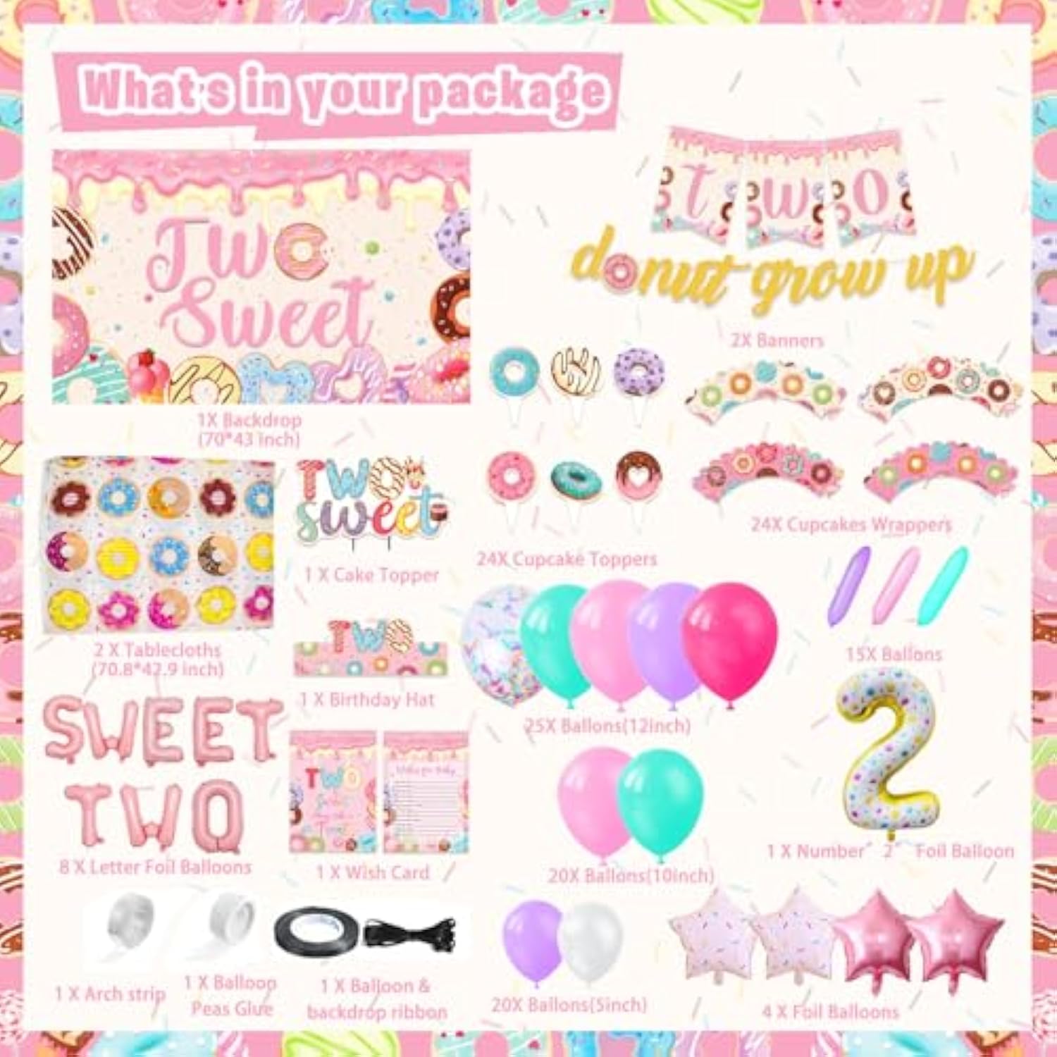 Two Sweet Birthday Party Supplies For 2 Year Old Girl, 150 Pcs Donut Party Decorations For Girls Baby - Backdrop, Cake, Cupcake Toppers, Tablecloth, Highchair Nanner, Crown And Poster