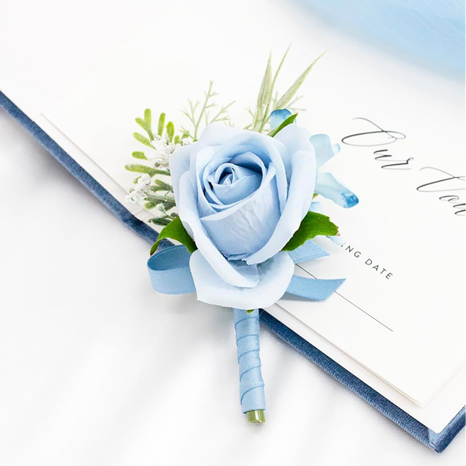 Light Blue Corsage And Boutonniere Set For Wedding Prom, Artificial Rose Babysbreath Flower Wrist Corsage Bracelets, Homecoming Corsage Wristlet, Boutonniere For Men Wedding Suit Decorations
