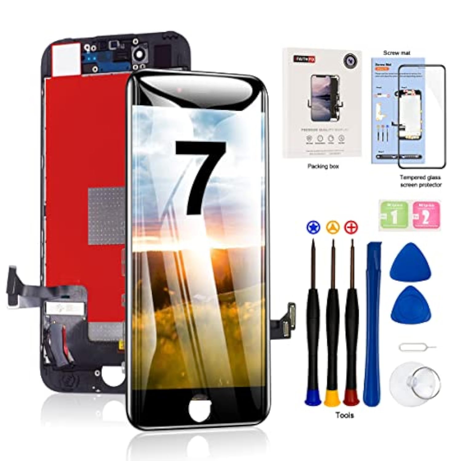For Iphone 7 Lcd Screen Replacement Black 4.7 Inch Frame Assembly Display 3D Touch Screen Digitizer With Repair Tools Kit Tempered Glass Screen Protector For A1660, A1778, A1779 (Black)