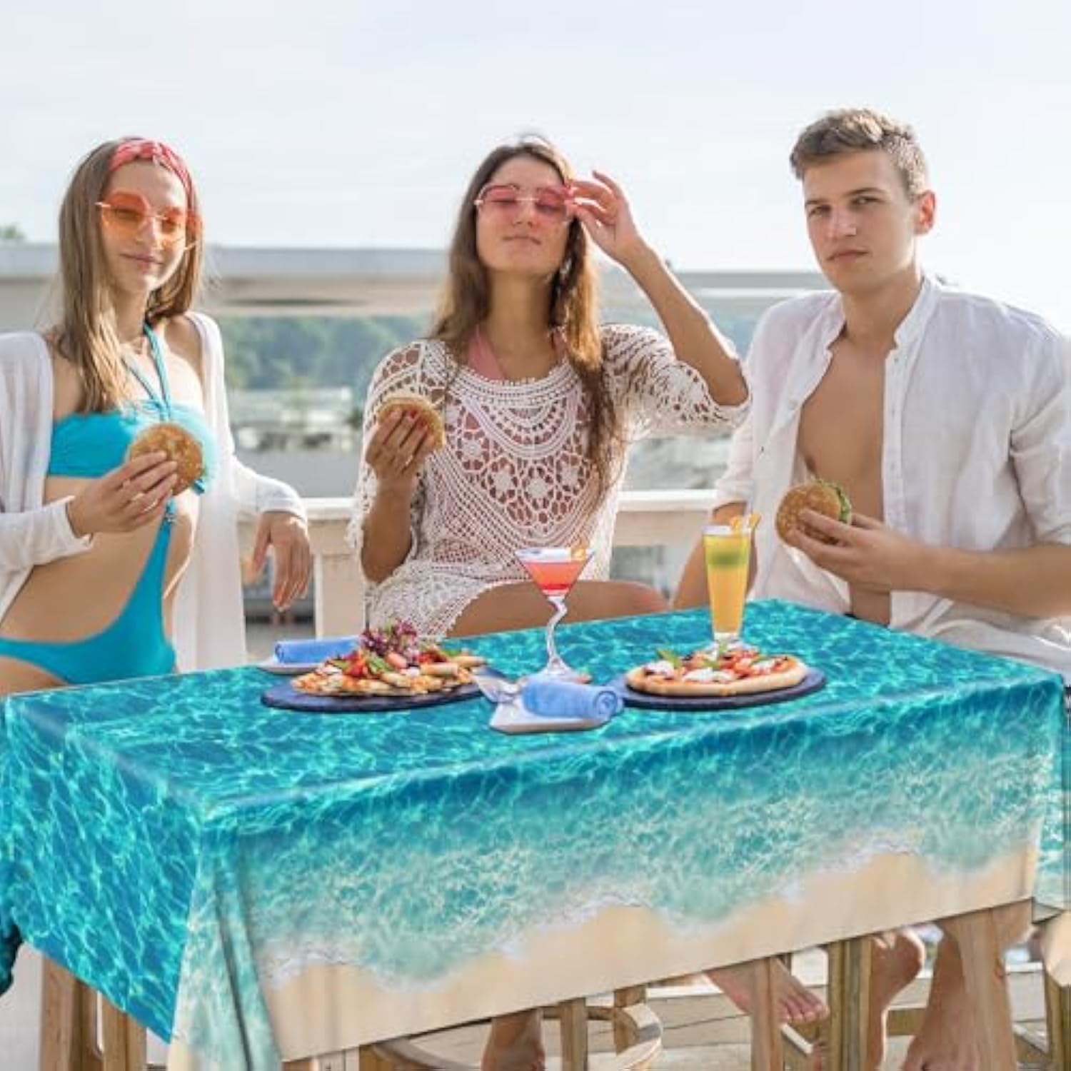 Ocean Waves Tablecloth, 3Pcs Summer Beach Pool Party Decorations Tablecloth Plastic Beach Ocean Water Print Table Cover For Hawaiian Party Birthday Supplies 54X108Inch