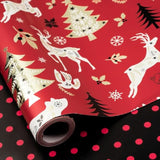 Christmas Reversible Wrapping Paper Roll, Mini Roll, Red Black Reindeer And Tree Design, Black With Red Polka Dots Gift Wrap Paper For Adults, Kids And Holiday Gifts, 17 Inches X 32.8 Feet