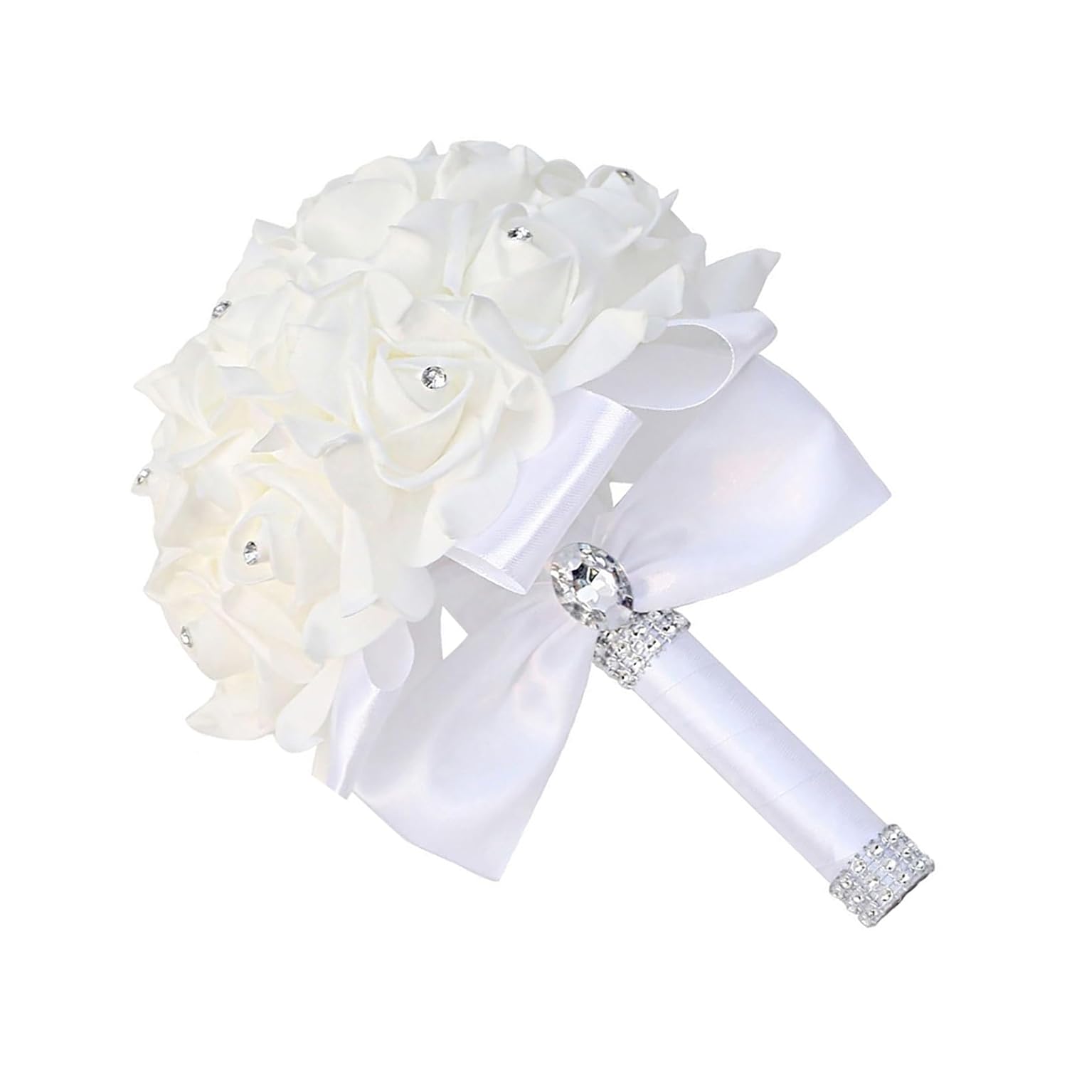 Wedding Bouquets For Bride & Bridesmaid - Hand Roses & Silk Roses Crystal Diamond Artificial Flowers For Wedding Parties, Churches (White)