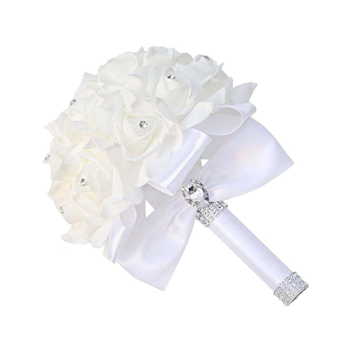Wedding Bouquets For Bride, Bridal Flowers For Wedding, Bride Bridesmaid Hand Flowers Bridal Bouquet Crystal Diamond Silk Roses, Artificial Flowers Bouquet For Church Wedding Party (White)