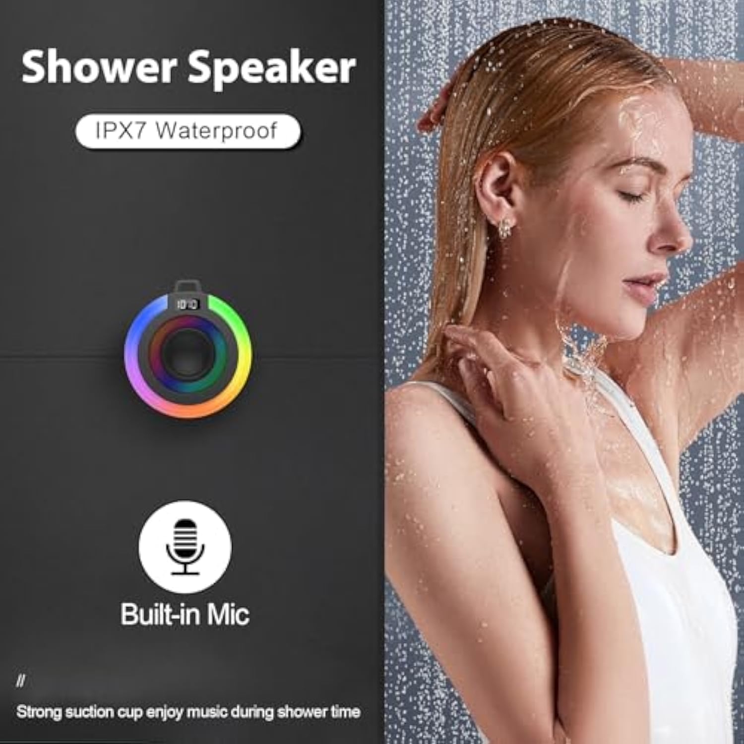 Bluetooth Shower Speaker, Portable Bluetooth Speaker Stereo Sound With Suction Cup/Lanyard, Built-In Mic, Ipx7 Waterproof Wireless Speakers Bluetooth 5.4 For Bathroom, Party, Beach, Black