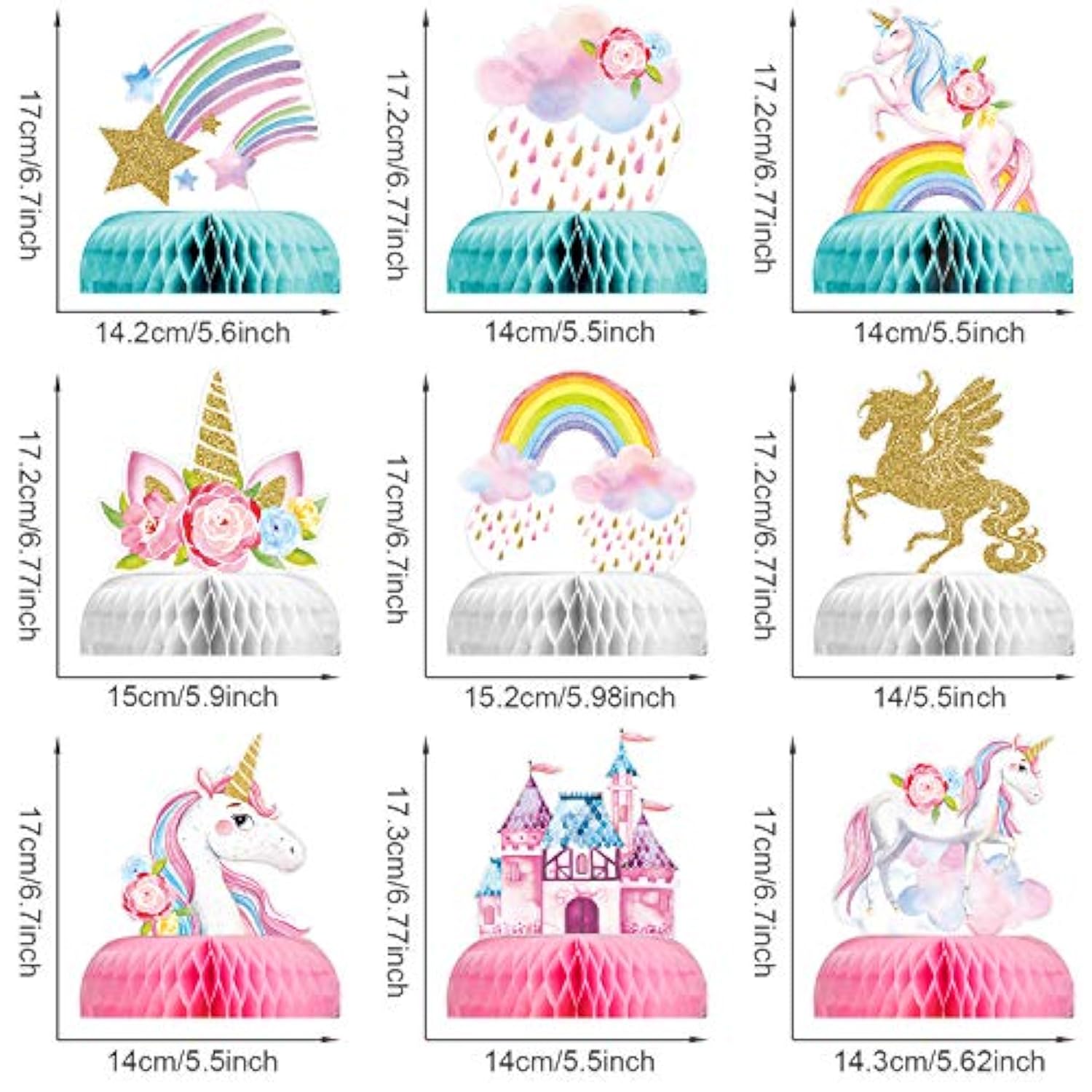 9-Piece Unicorn Rainbow Honeycomb Centerpiece for Birthday Party Decorations
