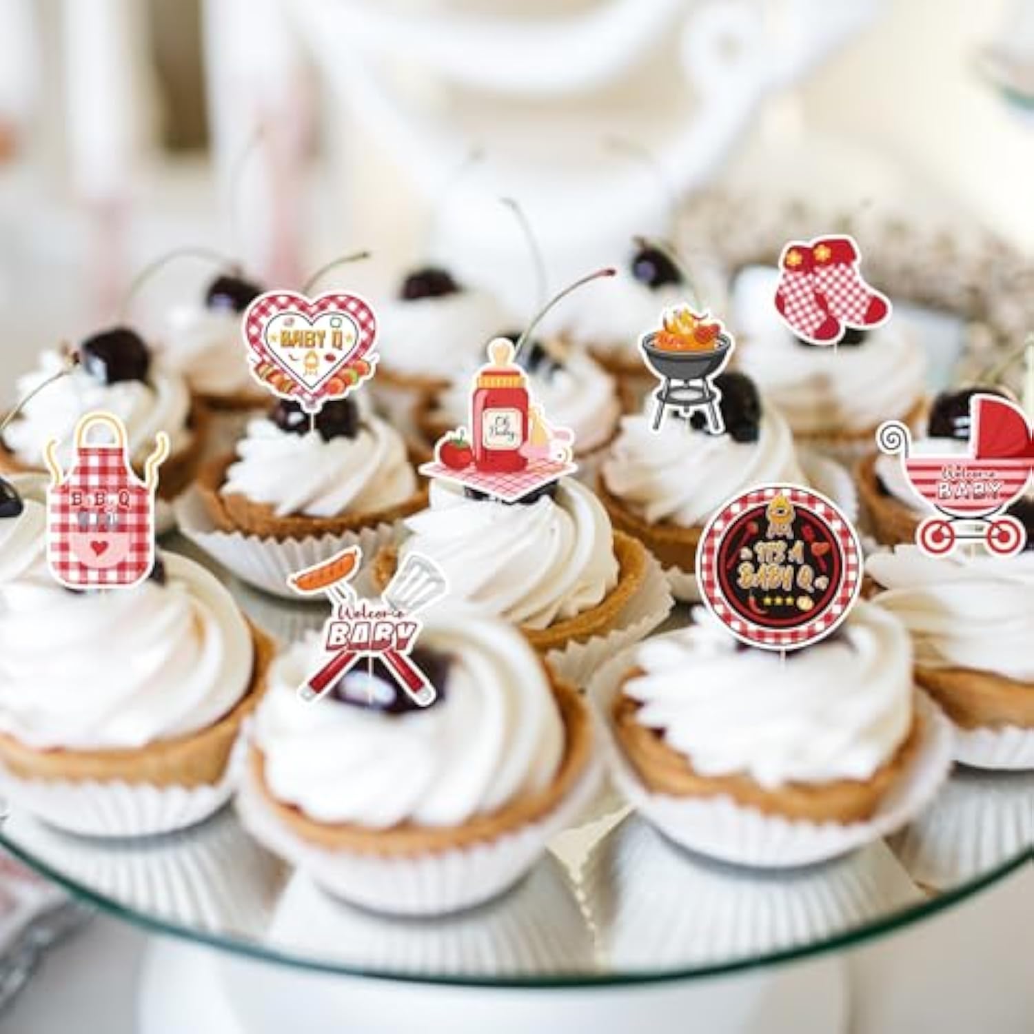 Bbq Baby Shower Decorations - 40Pcs Baby Q Baby Shower Decorations Cupcake Toppers Cupcake Picks Cake Decor Barbeque Picnic Themed Party Supplies Summer Gender Reveal Party Decor