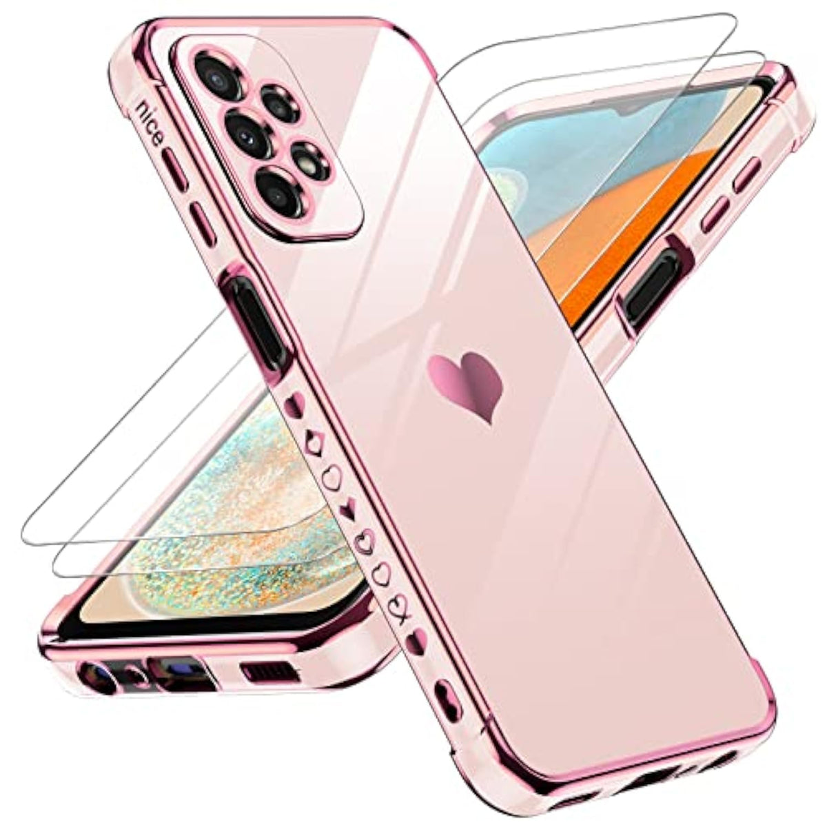 For Samsung Galaxy A23 5G Case: With Screen Protector [2 Pcs]+ Full Camera Protection, Love Heart Plating Girly Women Cute Luxury Soft Tpu Case For Samsung A23 5G, Pink