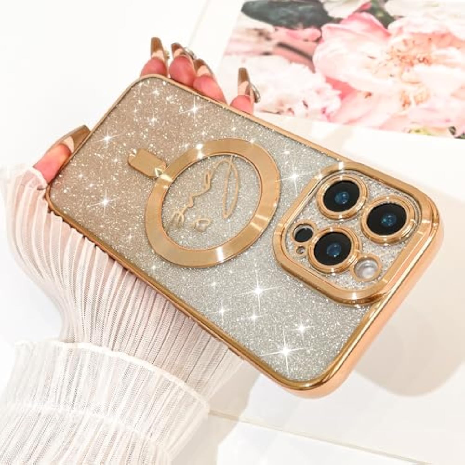 Designed For Iphone 16 Pro Max Case,Compatible With Magsafe Love Hearts Plating Camera Protection Tpu Magnetic Glitter Shockproof Phone Bumper For Women Girls 6.9"-Gold