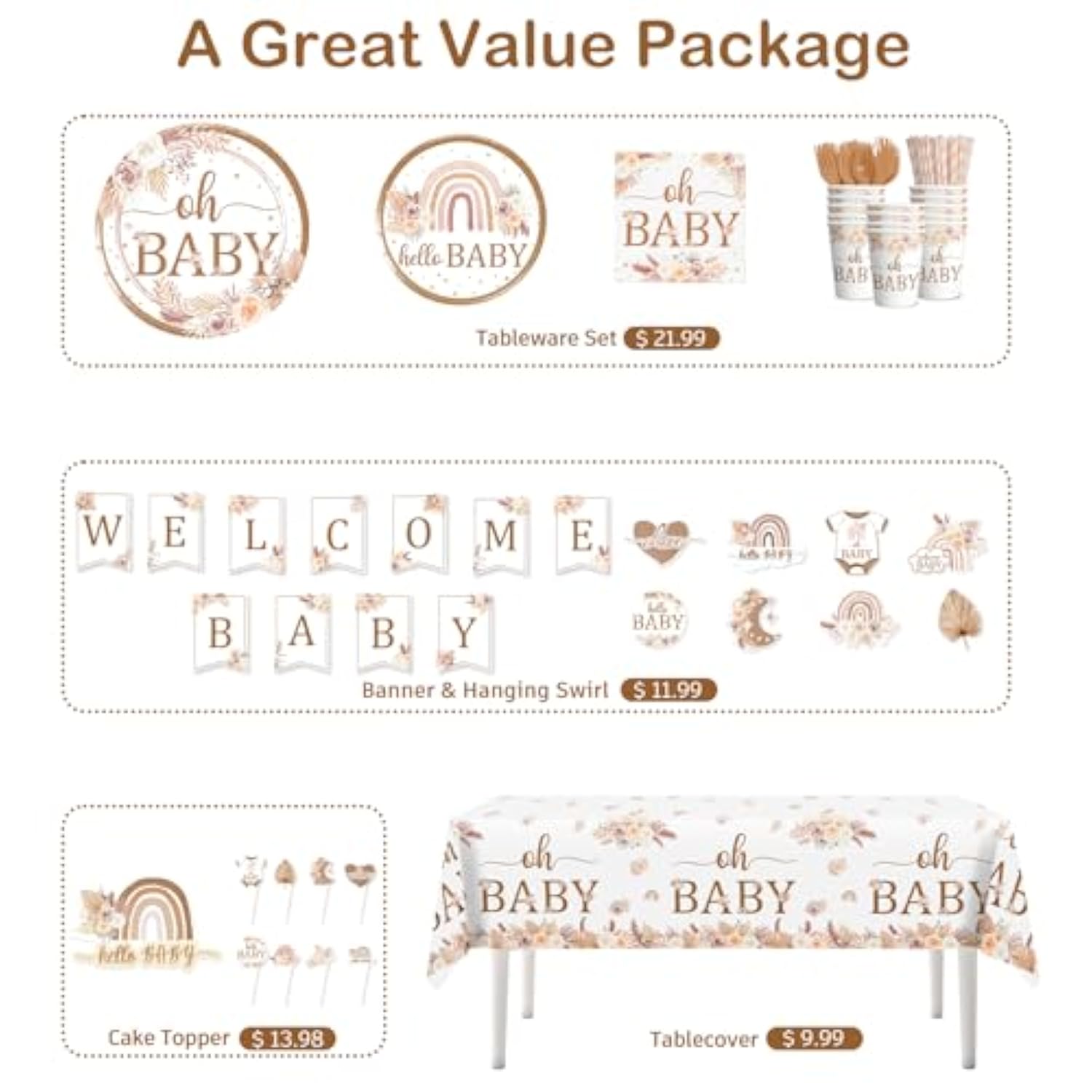 138PCS Boho Baby Shower Tableware Set – Plates, Napkins, Banner for 20 Guests