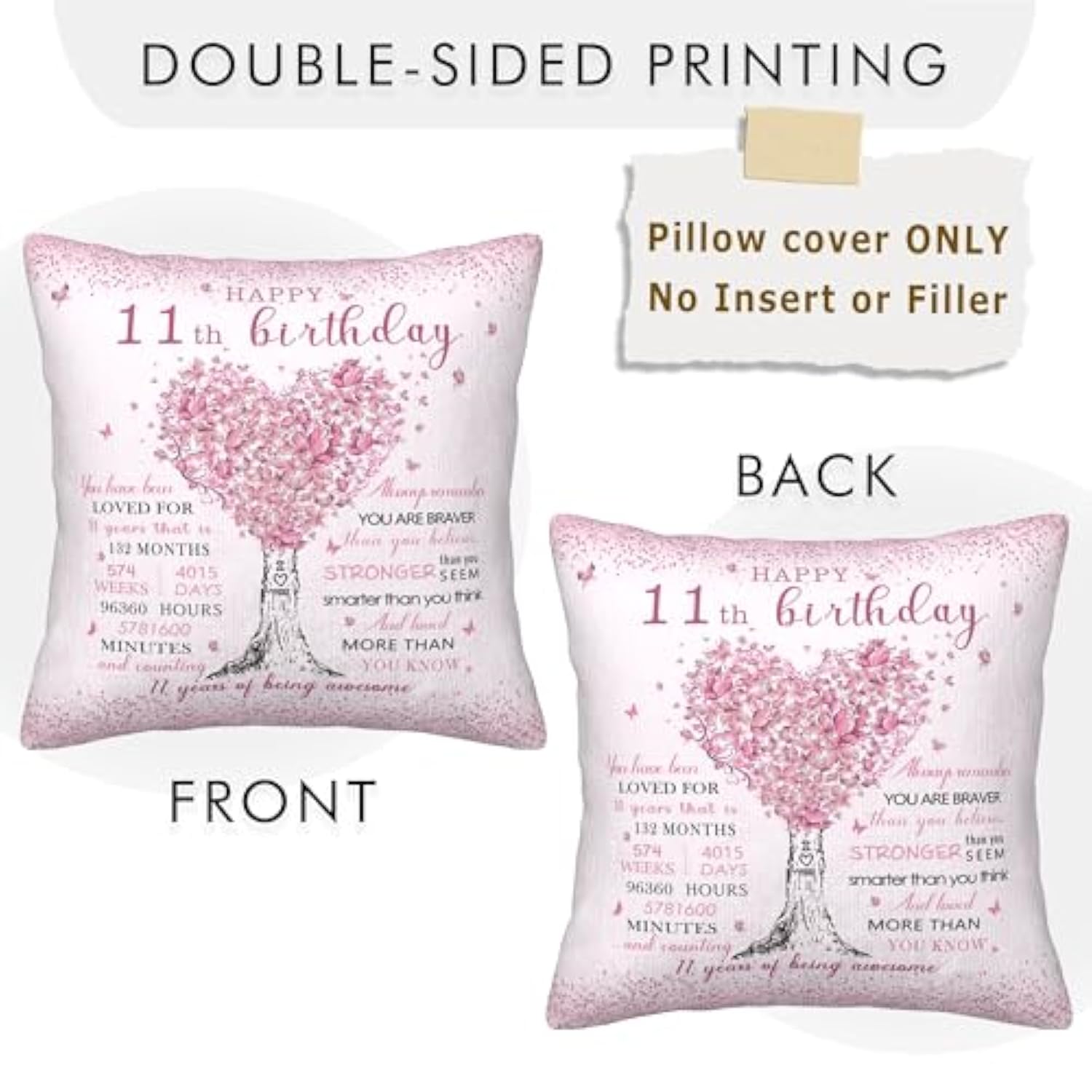 11 Year Old Girl Birthday Gifts Pillow Cover 18X18 Inch - Birthday Gifts For 11 Year Old Girl Pillowcase - 11Th Birthday Decorations For Girls Pillow Cover