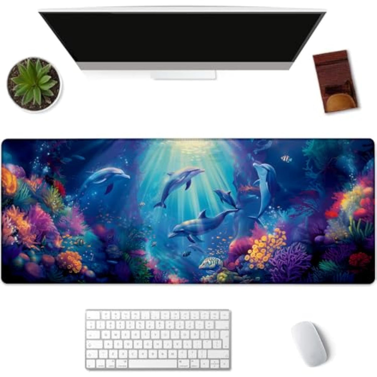 Adorable Dolphin Gaming Mouse Pad Extended Desk Computer Keyboard Laptop Vibrant Ocean Coral Mouse Pads For Home Office Work, Large Long Desk Mat Mousepad With Non-Slip Rubber Base 31.5×11.8Inch