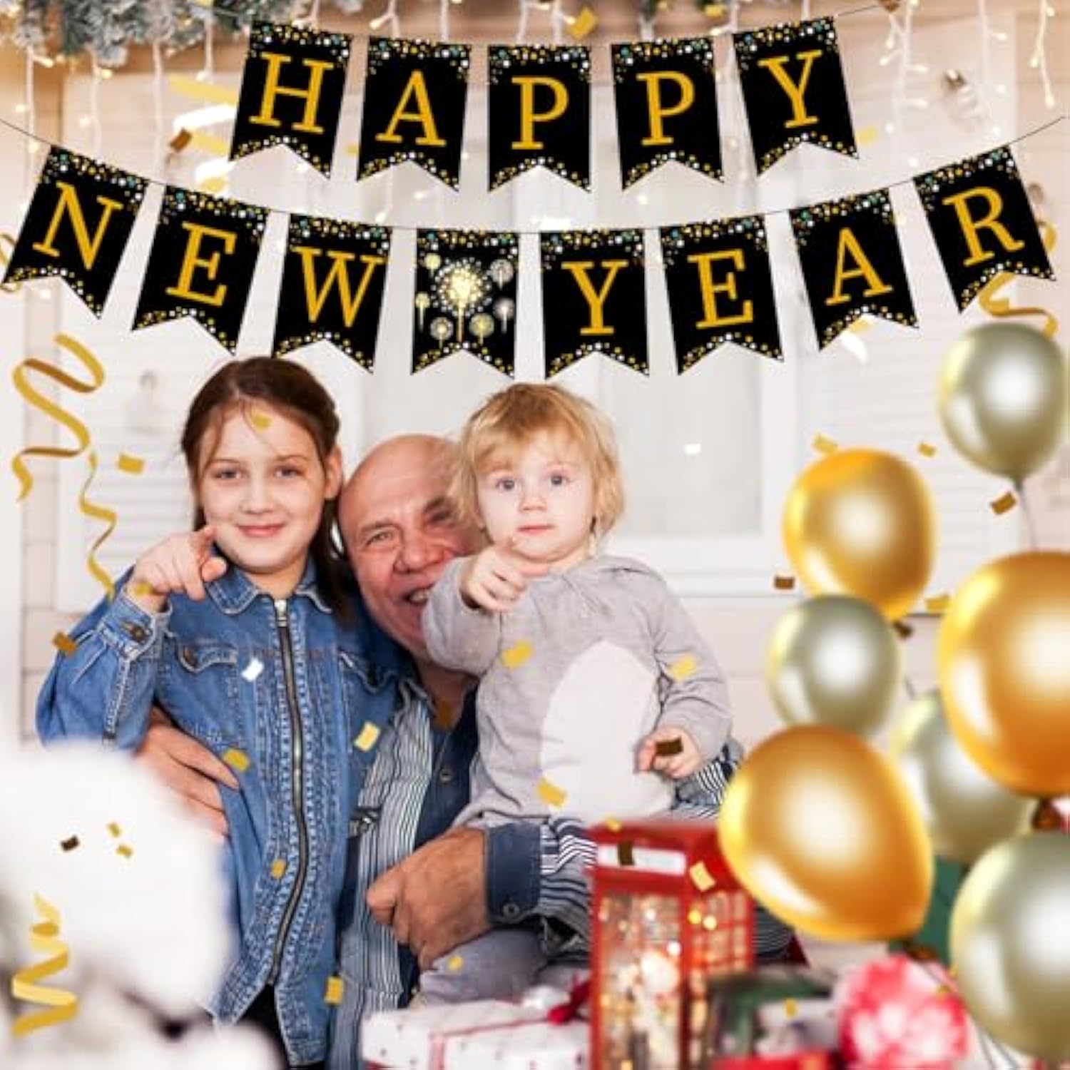 Happy New Year Black and Gold Bunting Banner Party Decorations