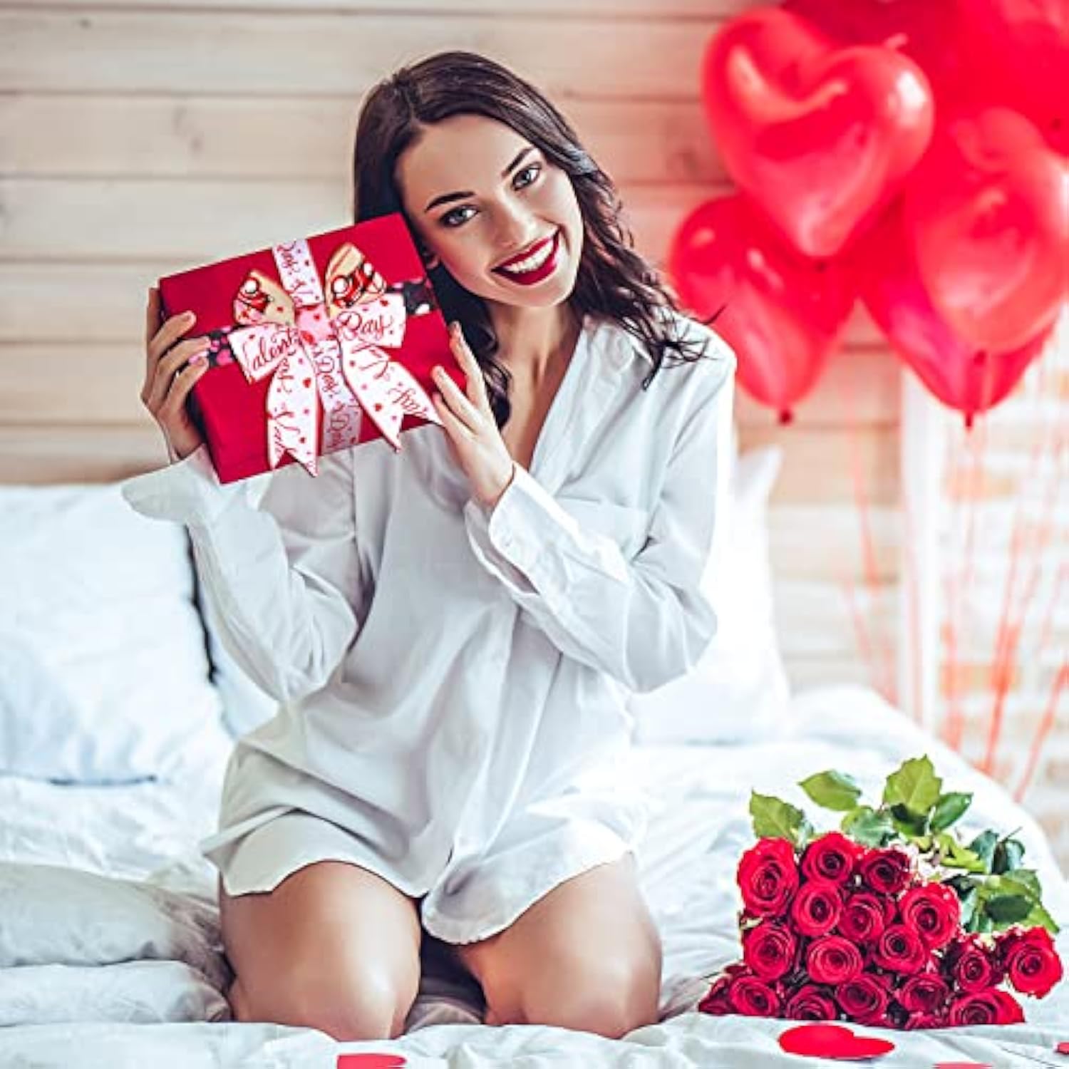 4 Rolls 24 Yards Valentine'S Day Wired Edge Ribbons 2.5 Inch Lips Hear