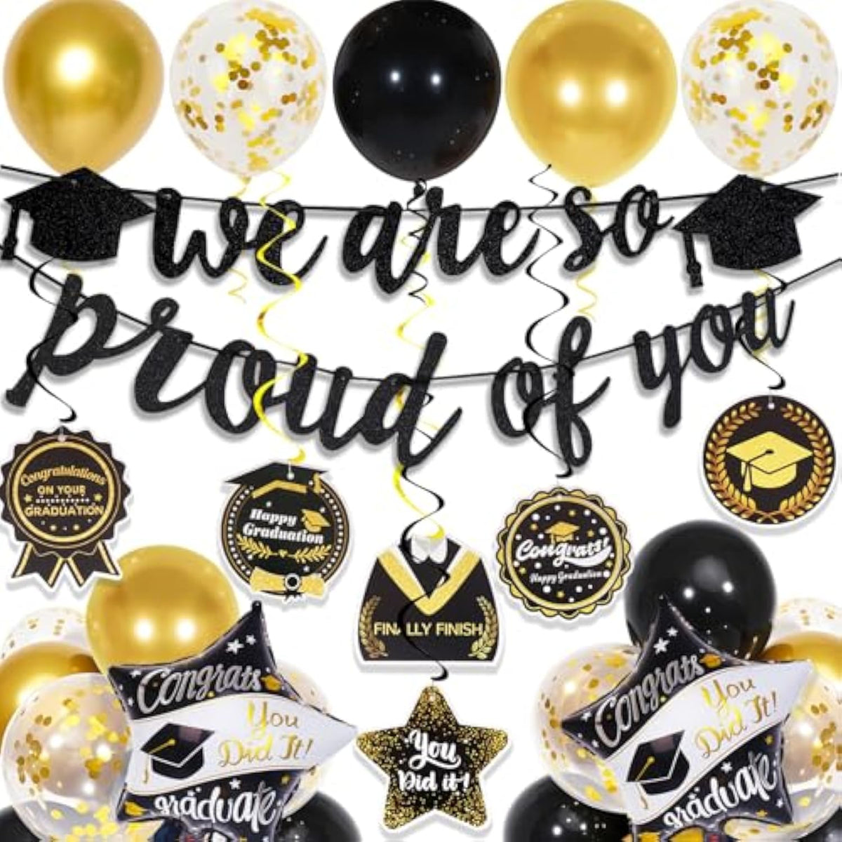 Class of 2025 Graduation Decorations, Banner, Balloons & Congrats Hanging Swirls