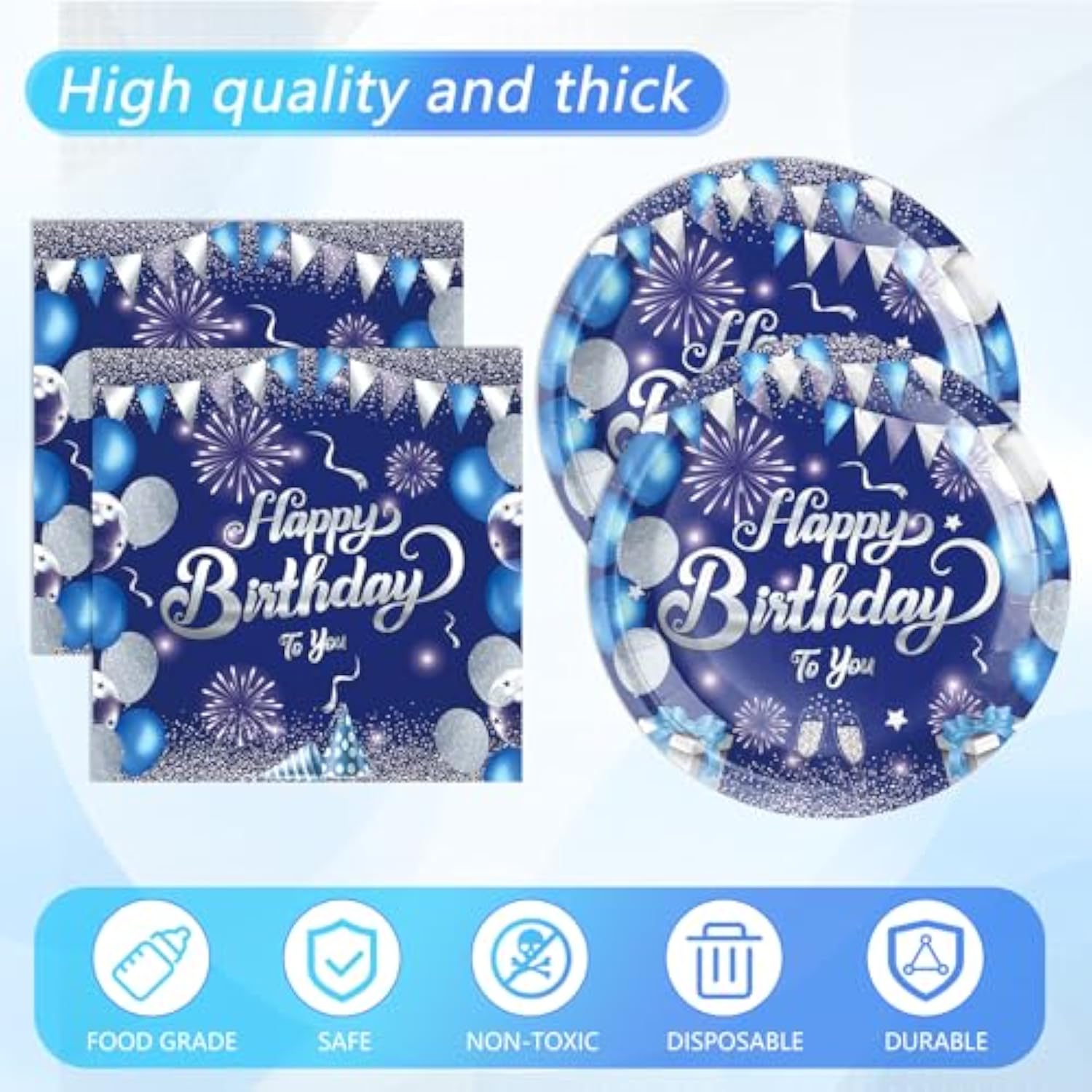 41Pcs Blue Birthday Decorations,Happy Birthday Party Tableware Set Navy Blue Silver Happy Birthday Paper Plates Napkins Tablecloth?birthday Decorations For Men Boys,Serve 20