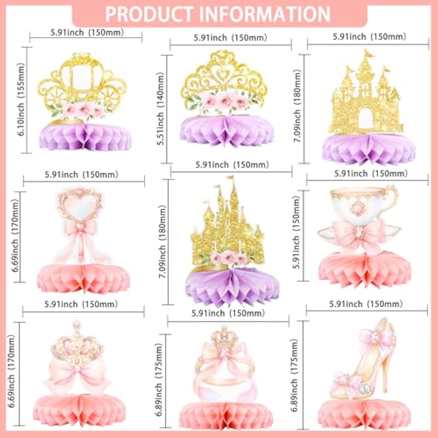 9 Pack Floral Princess Honeycomb Centerpieces Pink And Gold Castle Crown Carriage Party Table Decorations For Princess Theme Party Decorations Supplies