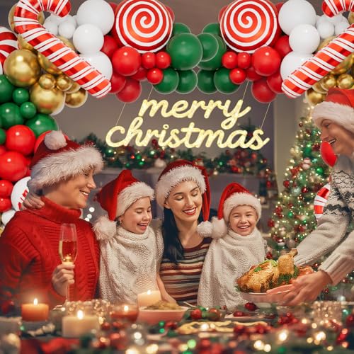 148pcs Red Green White Gold Christmas Balloon Garland Arch Kit with christma Candy Can, Gift Box Foil Balloons for Xmas Decorations Kids Birthday New Year Decor Christmas Party Decorations