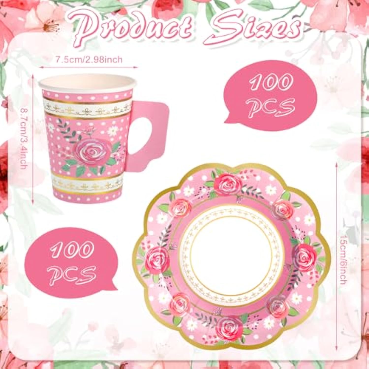 200 Pcs Floral Paper Tea Cups And Saucers 9 Oz Disposable Tea Party Cups Bulk With Handle And Plates For Tea Party Decoration Baby Shower Bridal Wedding Birthday