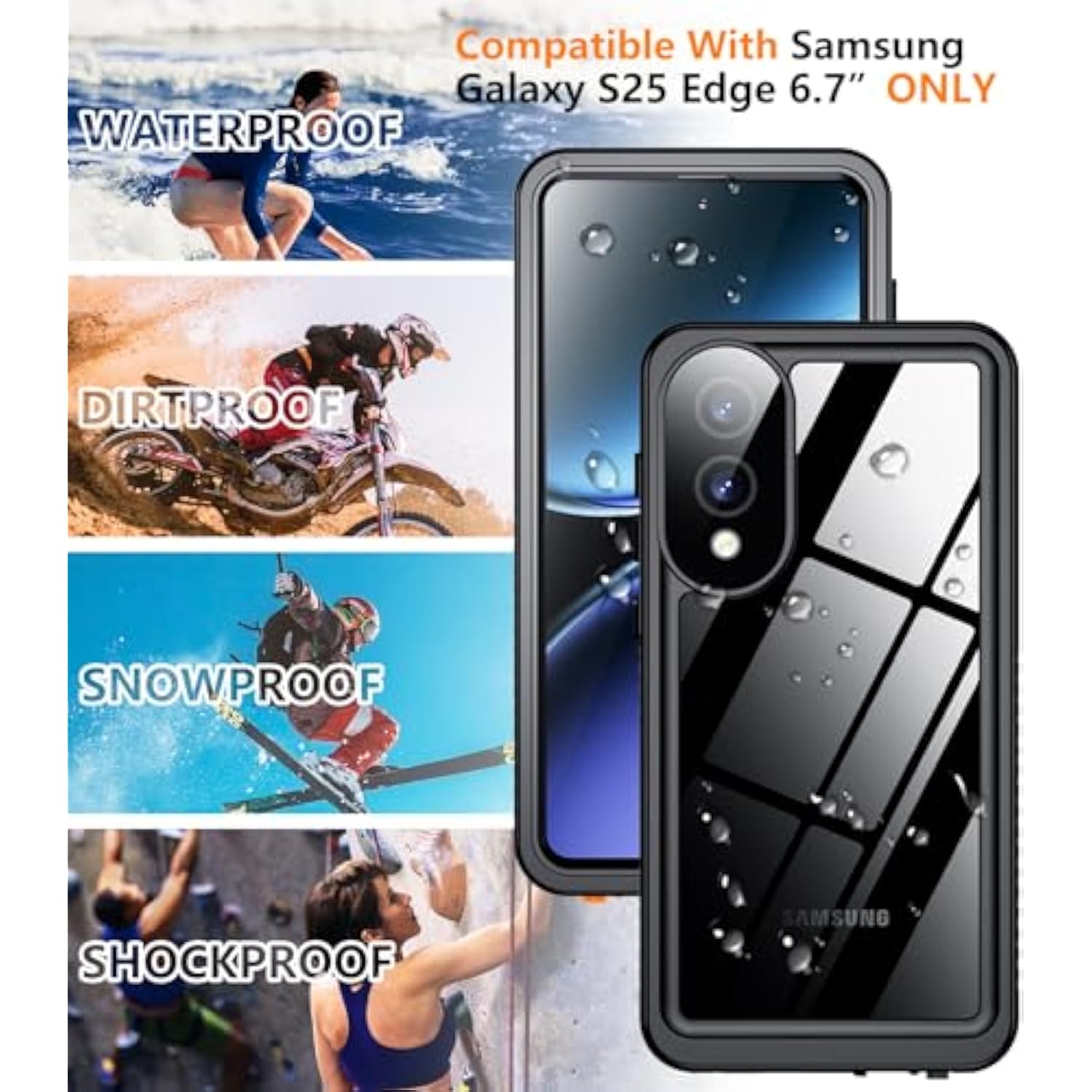 For Samsung Galaxy S25 Edge Case Waterproof, Built-In Lens & Screen Protector Military Grade Shockproof Dropproof Ip68 Underwater Full Body Phone Case For Galaxy S25 Edge 6.7"-Black