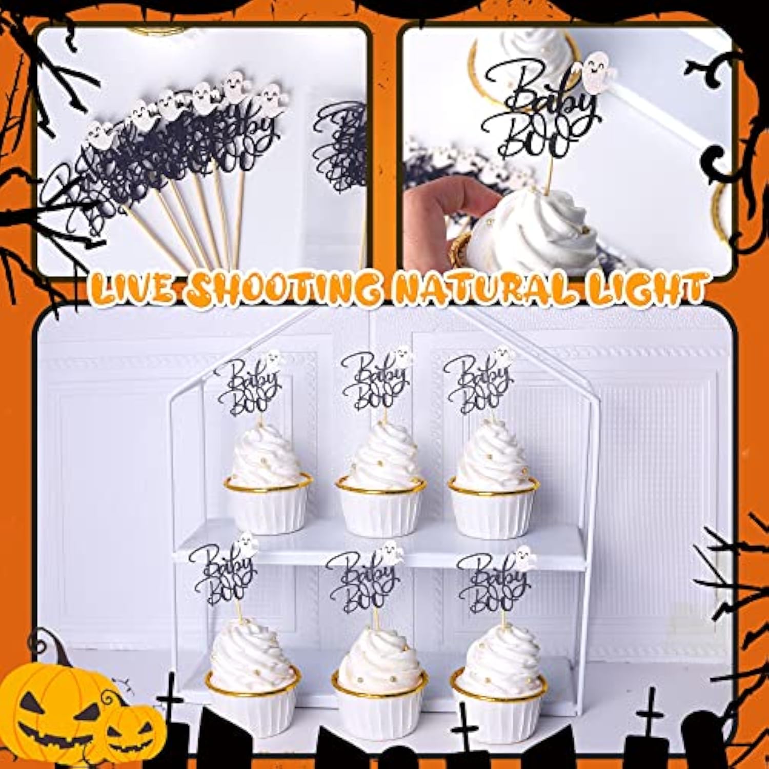 24 Pack Ghost Baby Boo Cupcake Toppers Glitter Spooky Little Boo Cupcake Picks For Halloween Theme Baby Shower Kids Boys Girls Birthday Party Cake Decorations Supplies Black