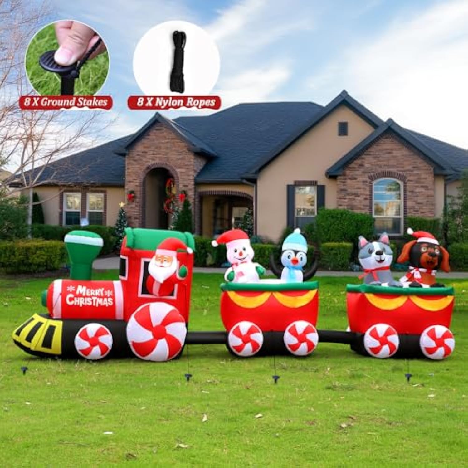 12 Ft Christmas Inflatable Train With Santa Claus, Snowman, Penguin, Dog, Blow Up Santa Train Yard Decorations Built-In