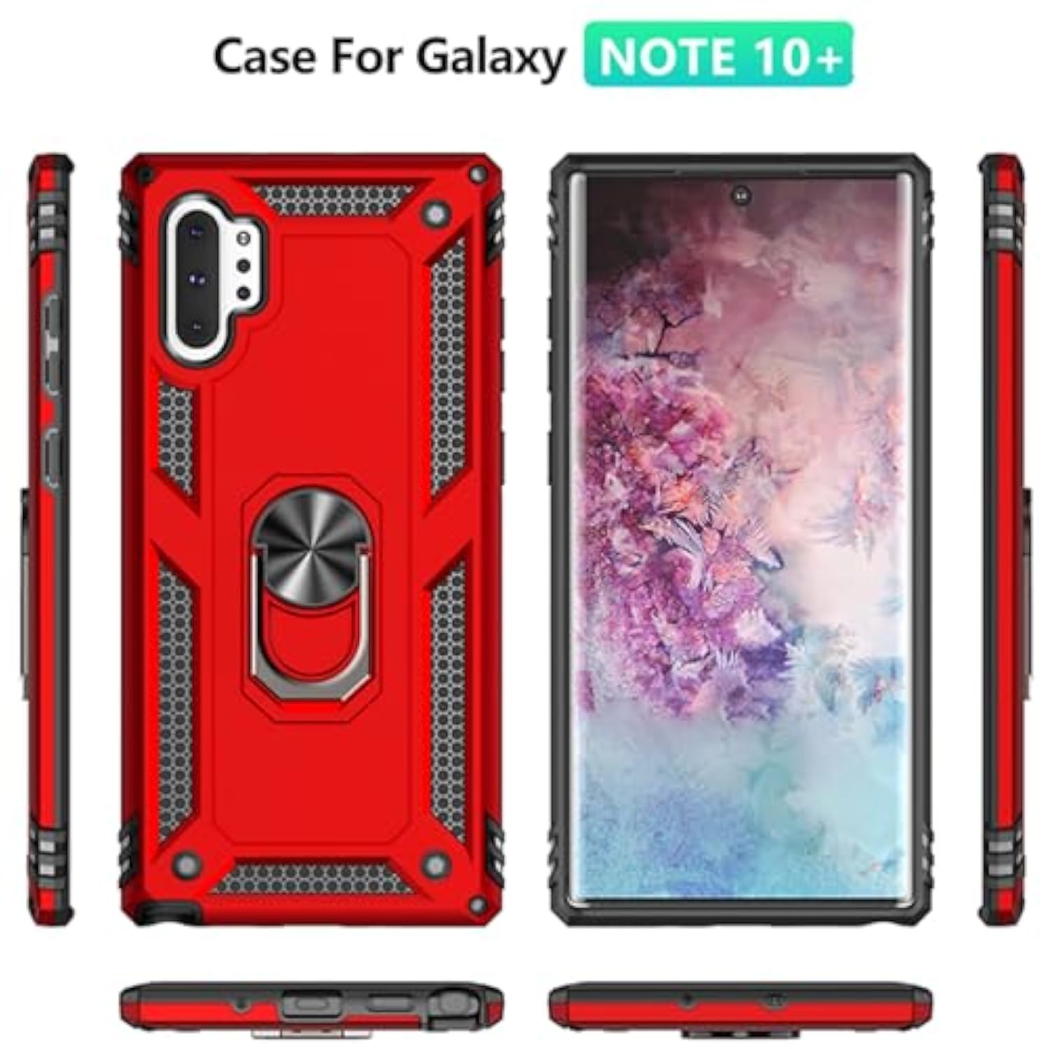 For Samsung Galaxy Note 10 Plus Case With Screen Protector:[Military Grade Drop Tested] Ring Holder Kickstand Shockproof Anti-Slip Protective Phone Case For Note 10 Plus 6.8- Red