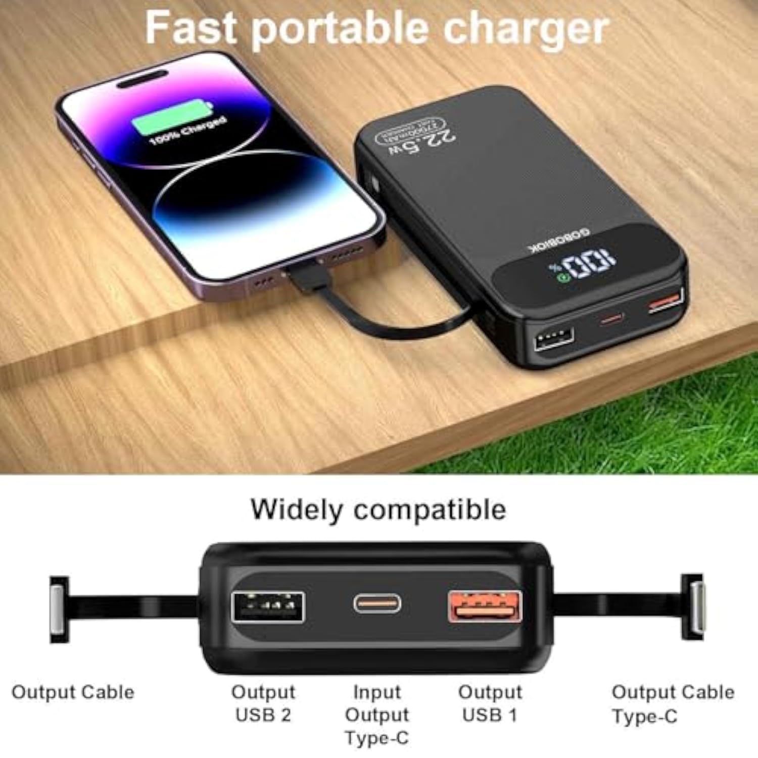 Power Bank 27000Mah Fast Charging Built-In 2 Cables, 22.5W Portable Charger, Portable Usb C Power Bank Battery Pack With Lcd Display Powerbank For Smartphones Tablets And More