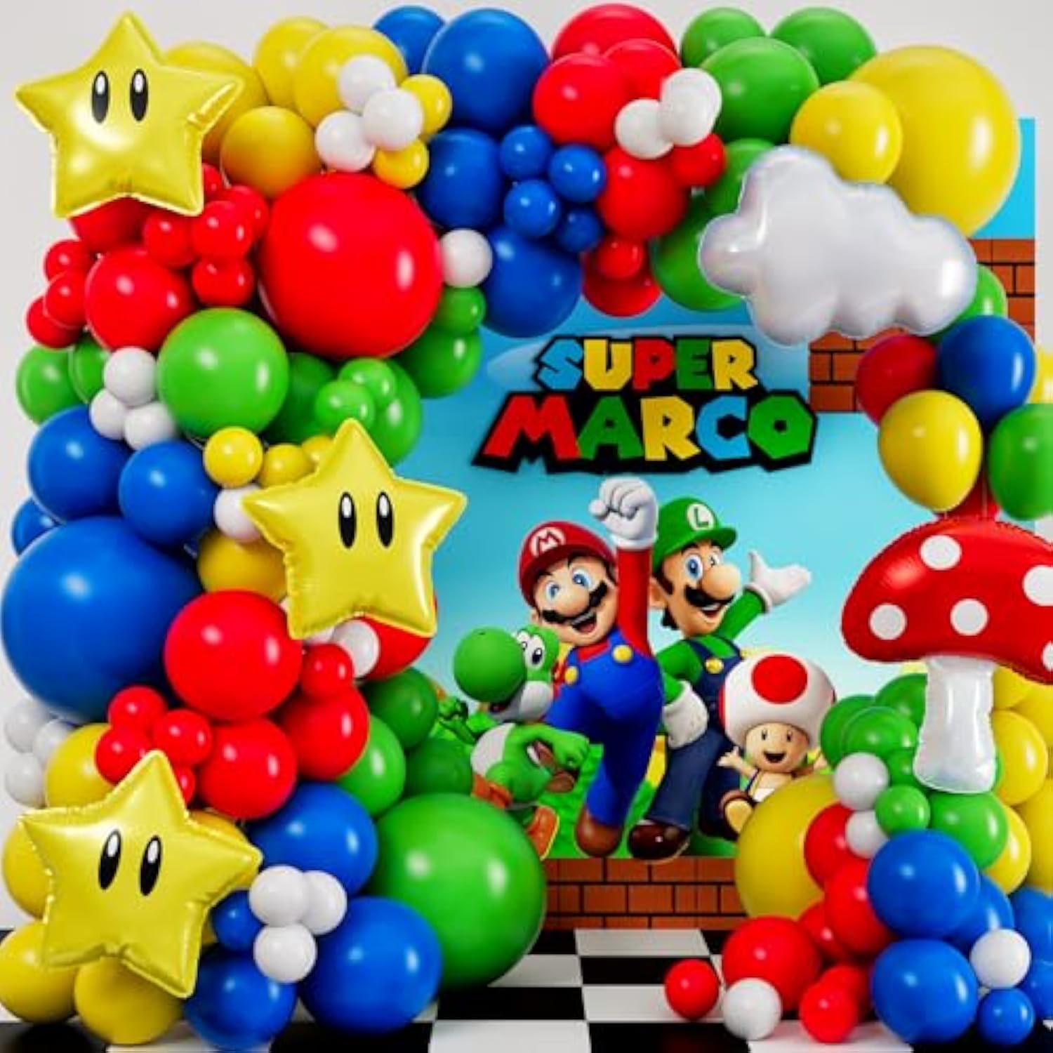 All-In-1 Super Adventure Balloon Arch Kit With Bonus Mushroom, Cloud & Star Balloons For Bros Party Decorations - Red Blue Green Yellow Balloons For Video Game Birthday Decoration & Party Supplies