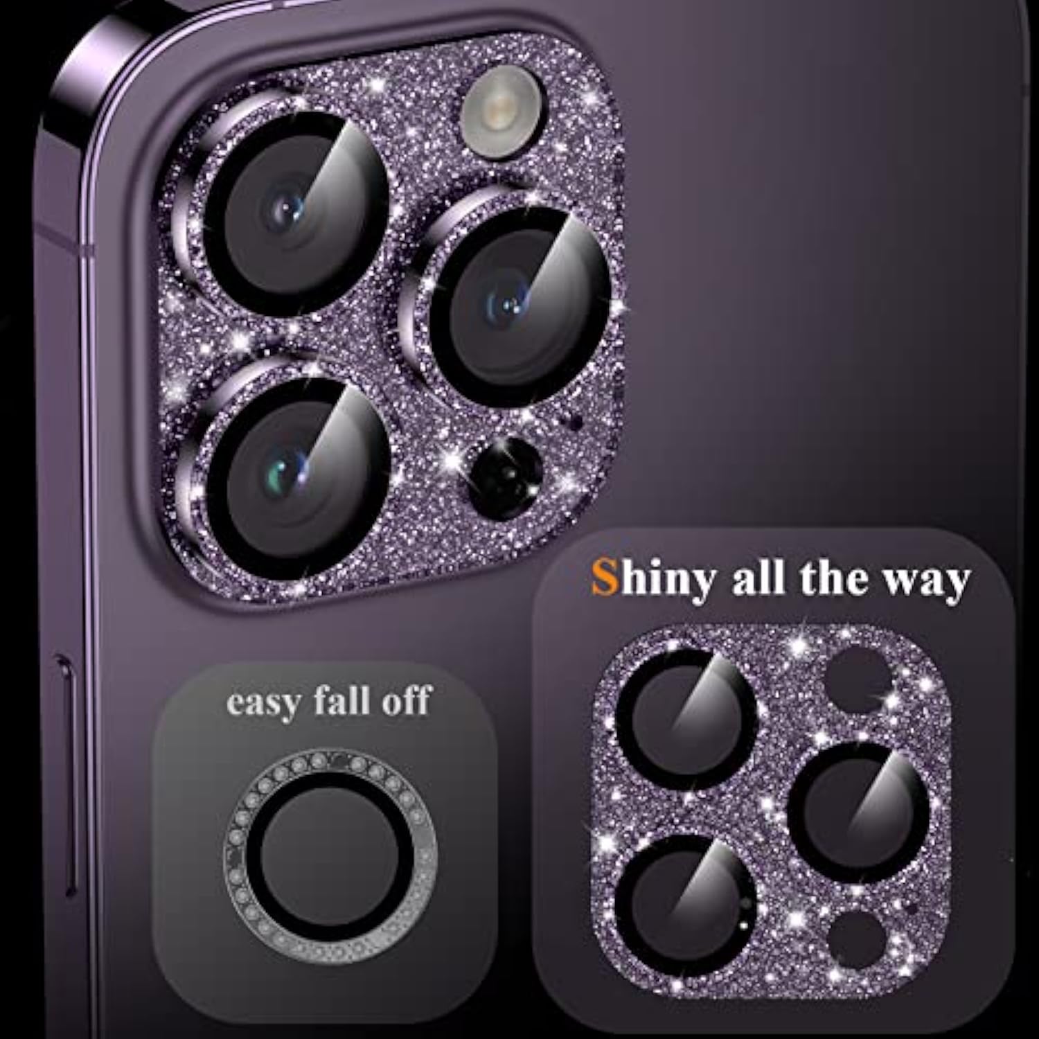 For Iphone 14 Pro/Iphone 14 Pro Max Camera Lens Protector, [4Th Gen New Bling Design] Glitter Shiny Diamond Metal Ring Tempered Glass Back Camera Screen Protector Lens Cover (Purple)