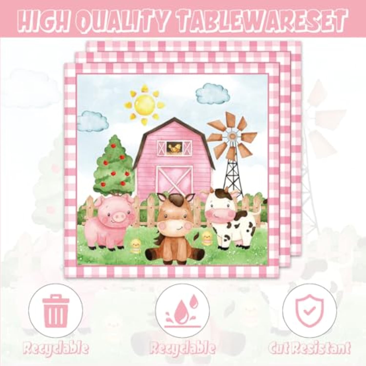 40pcs Pink Farm Party Supplies 20 Plates 20 Napkins Animal Party Decor