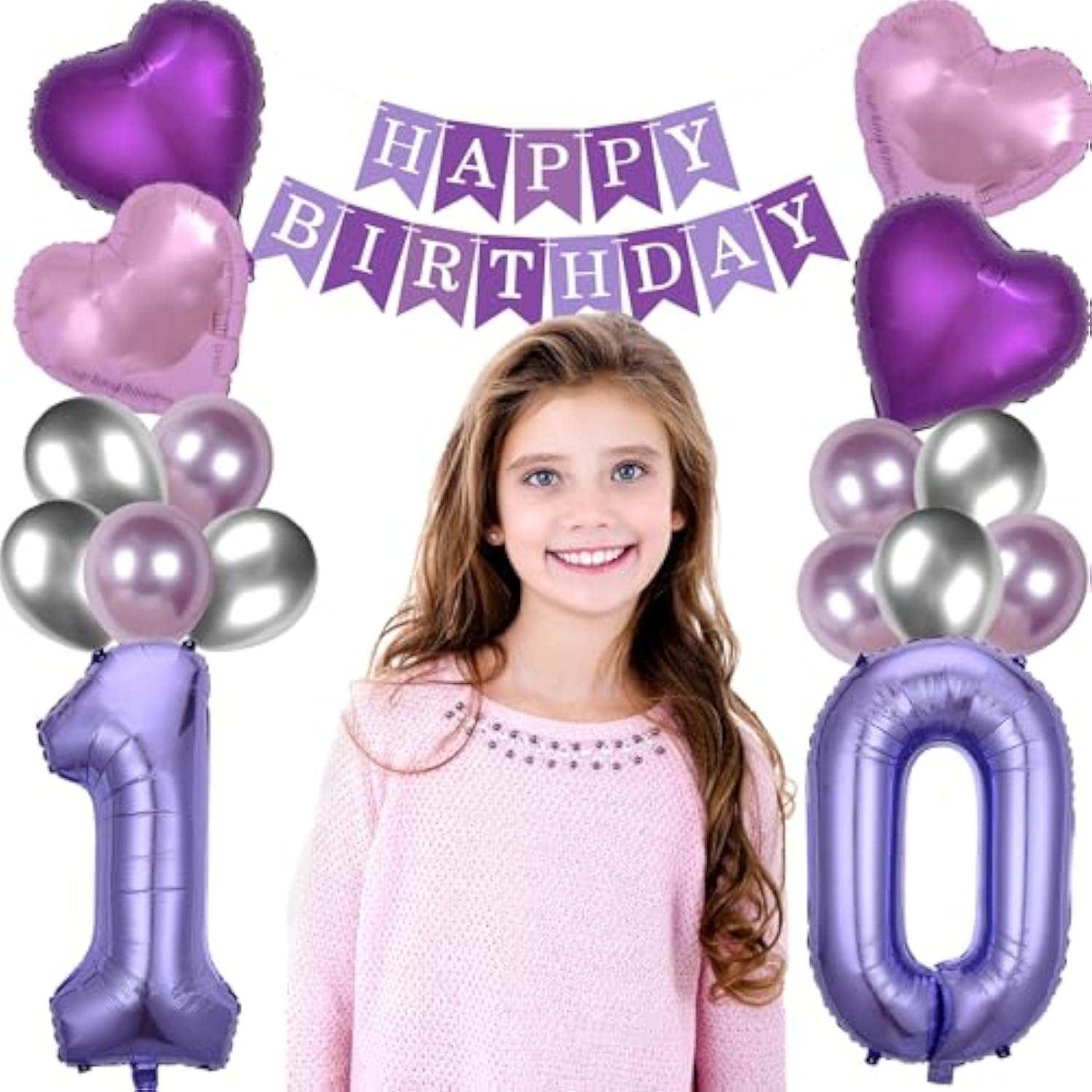 42 Pieces 10Th Birthday Decorations Double Digits Party Balloons Purple Happy Birthday Banner Silver Sash 10Th Tiara Number 10 Foil Balloons Latex Balloons For 10 Year Old Girls Party (Purple)