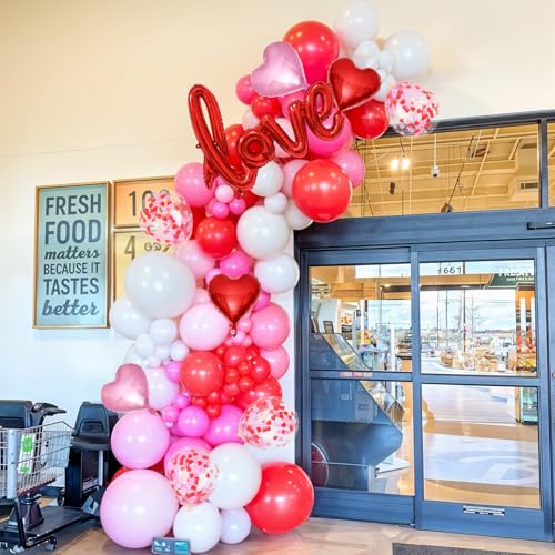 Pink Red White Balloons Arch Kit Mothers Day Balloon Garland Love Foil Balloons Red Pink Heart Shaped Balloon for Women Happy Mothers Day Best Mon Anniversary Sweet Valentine Day Romantic Decor