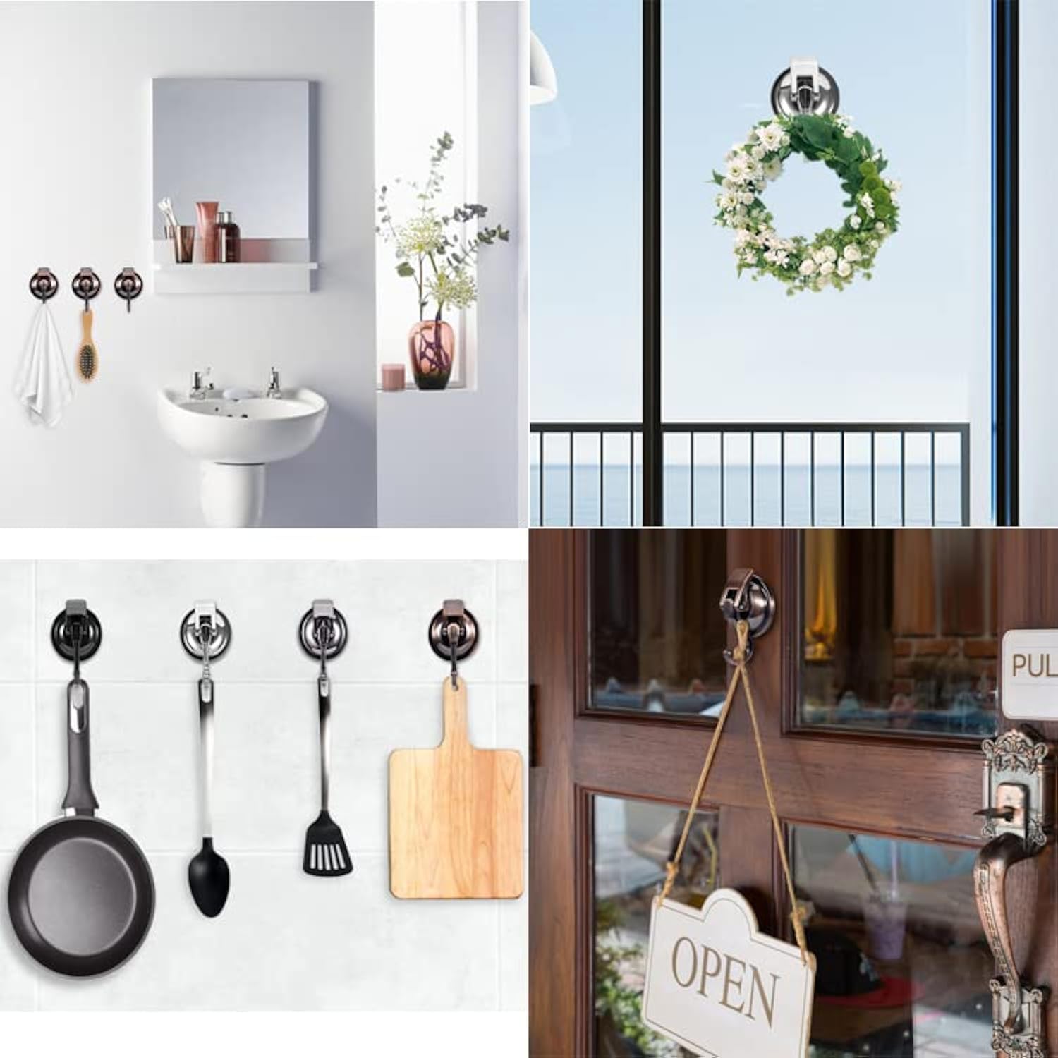 Suction Cup Hooks For Shower, Bathroom, Kitchen, Glass Door, Mirror, Tile – Loofah, Towel, Coat, Bath Robe Hook Holder For Hanging – Waterproof Wreath Hanger (4 Pack, Red Bronze)